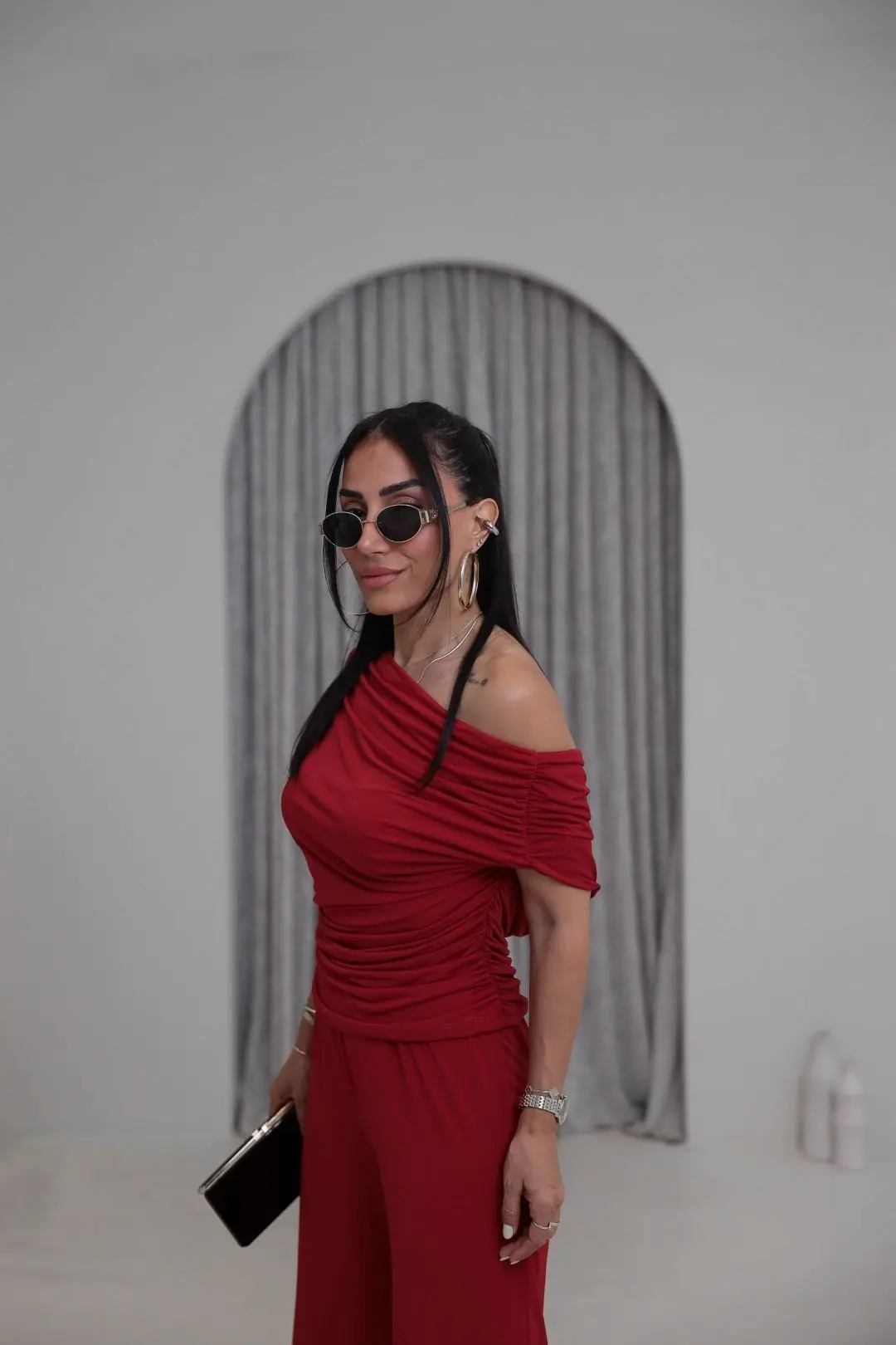 5388 Dökümlü Drapeli Sandy Bluz Pantolon Takım KIRMIZI