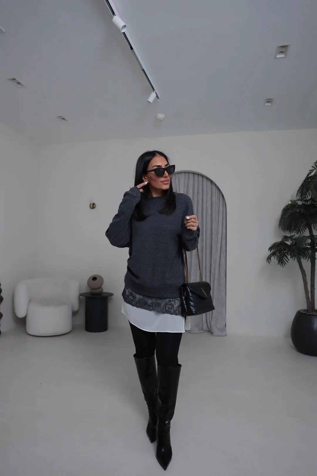 7273 Eteği Dantel Tunik Triko Bluz ANTRASİT
