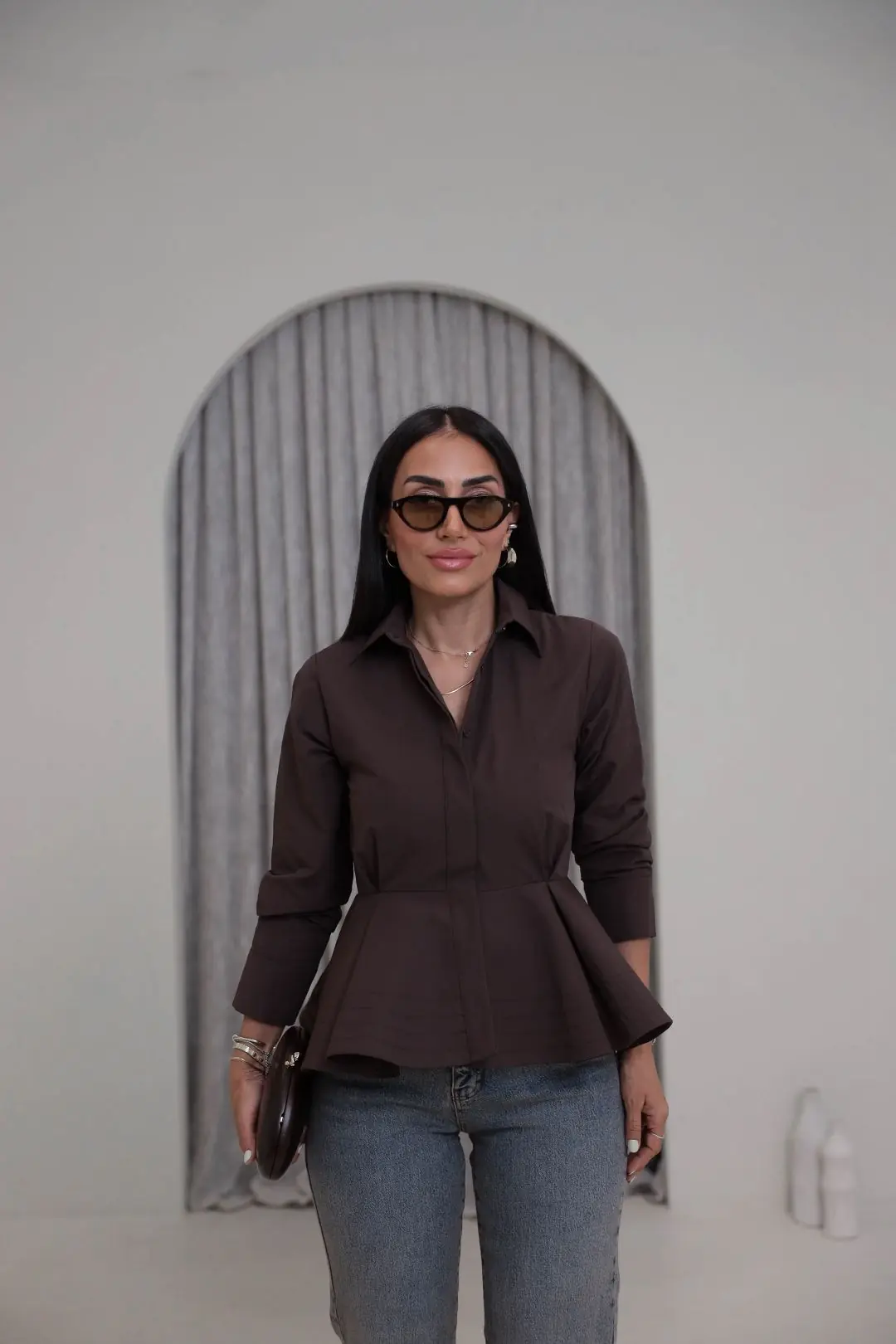 3250 İçi Telalı Peplum Gömlek KAHVE