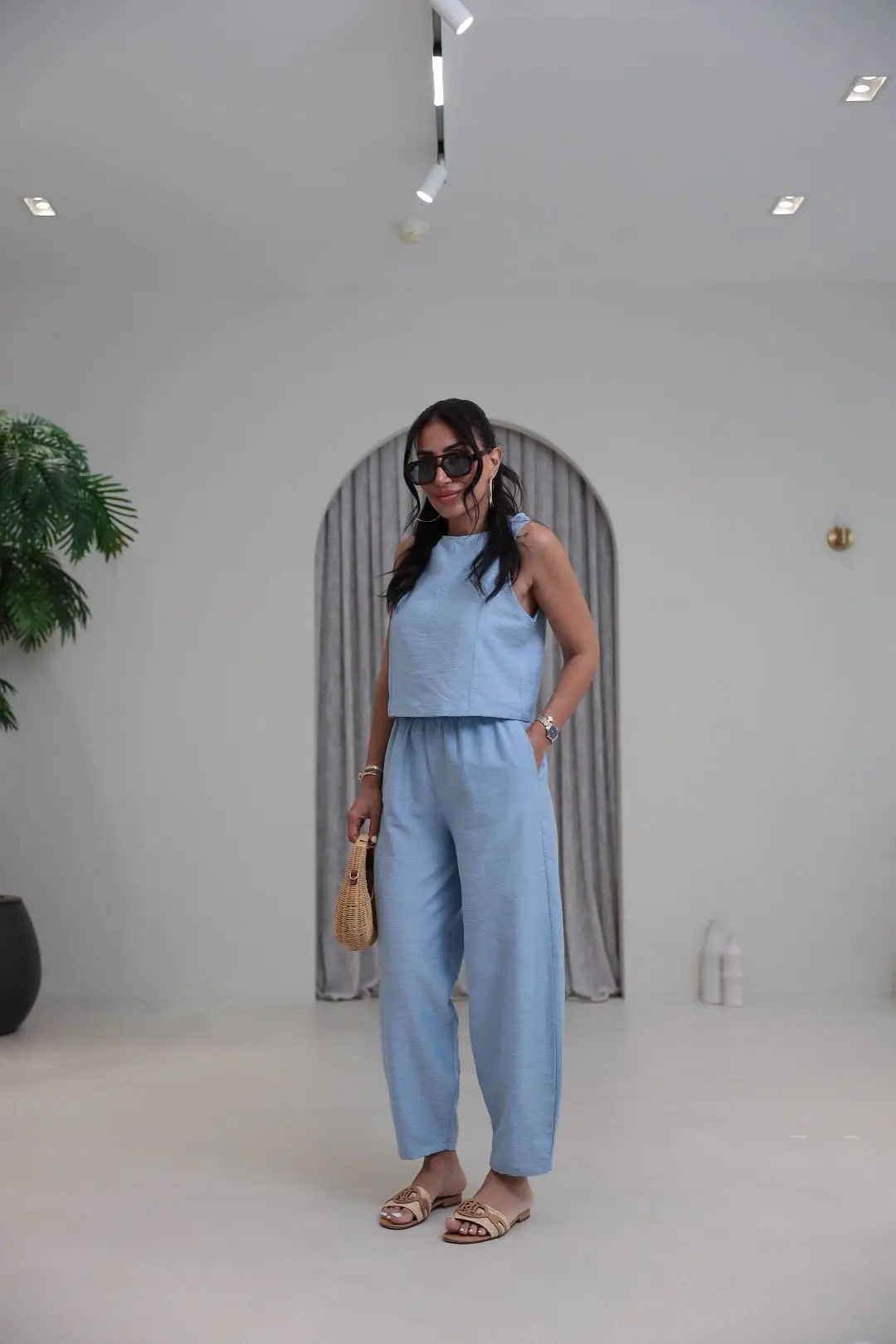 8568 Sıfır Kol Bluz Pantolon Takım BEBE MAVİ