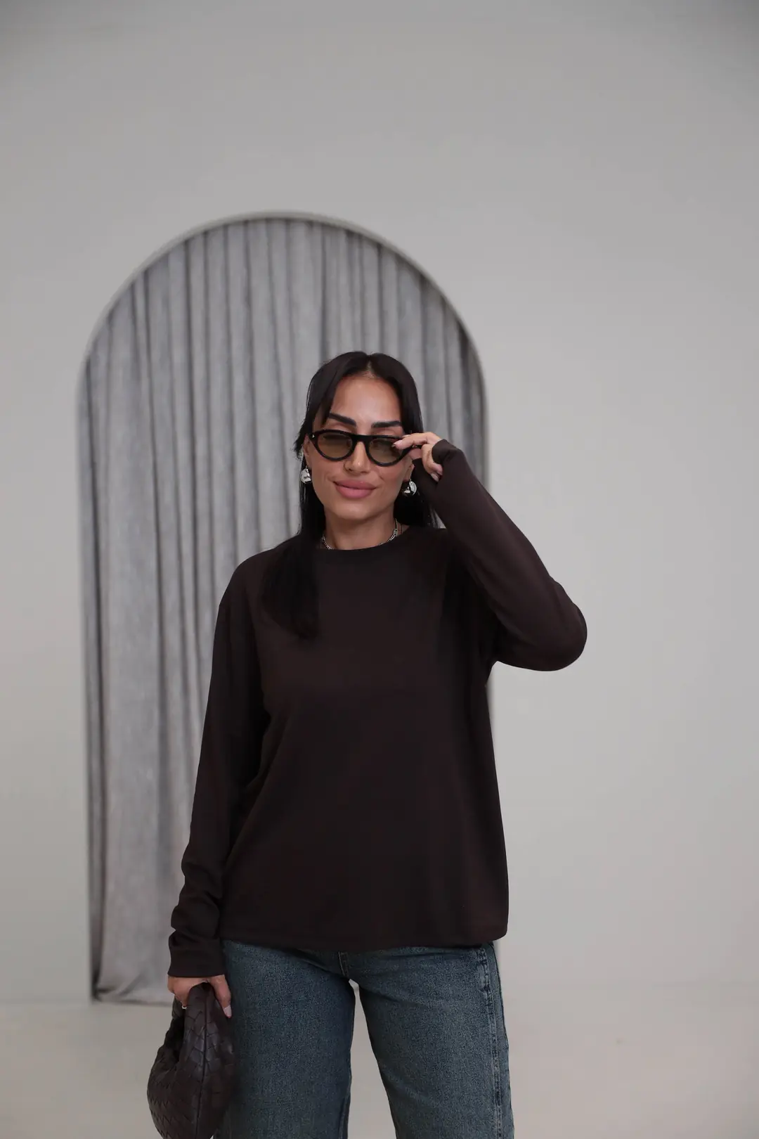 1448 Bisiklet Yaka uzun Kollu Oversize Tshirt KAHVE