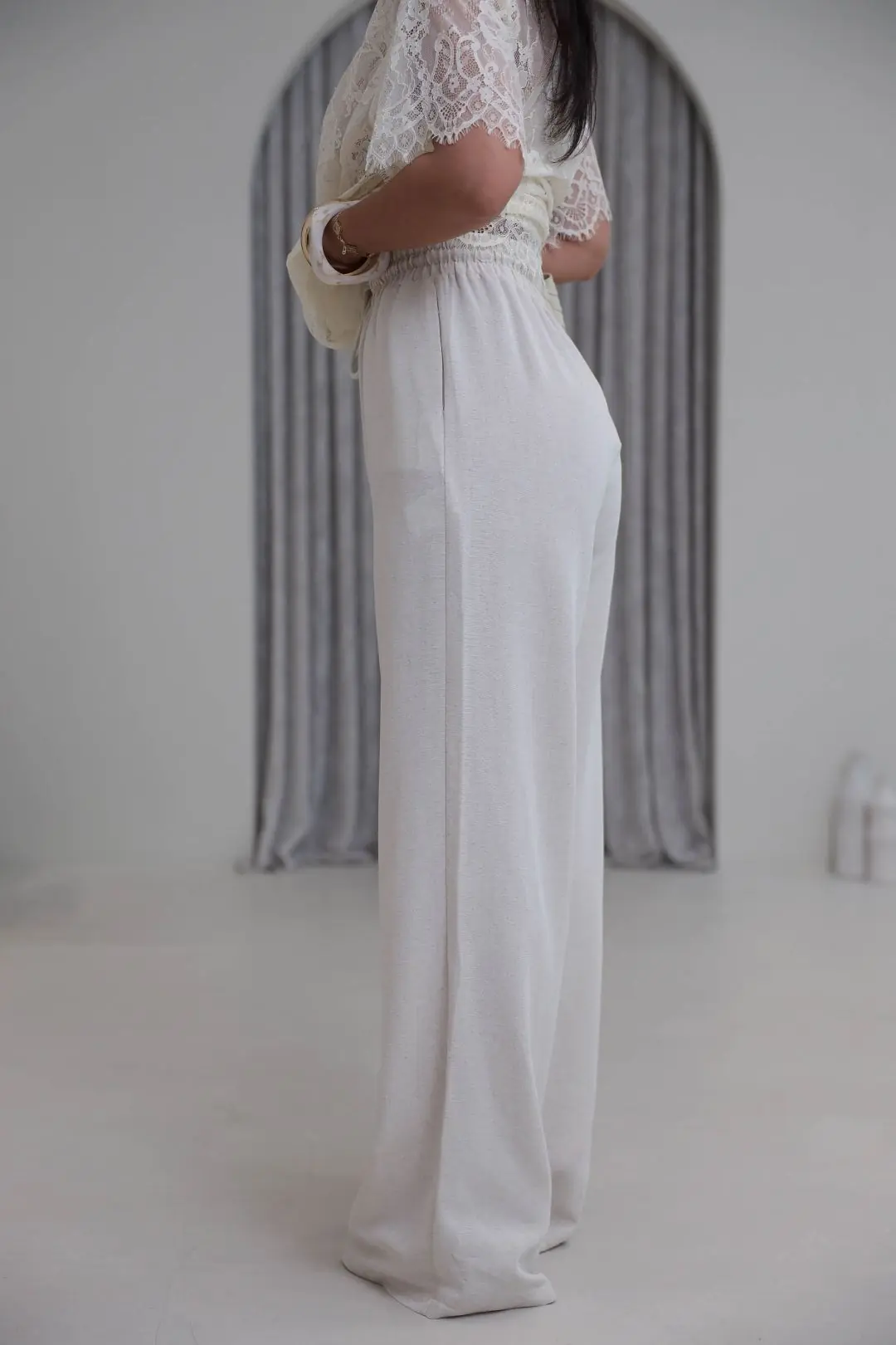 0298 Beli Lastikli Bol Paça Keten Pantolon NATURAL