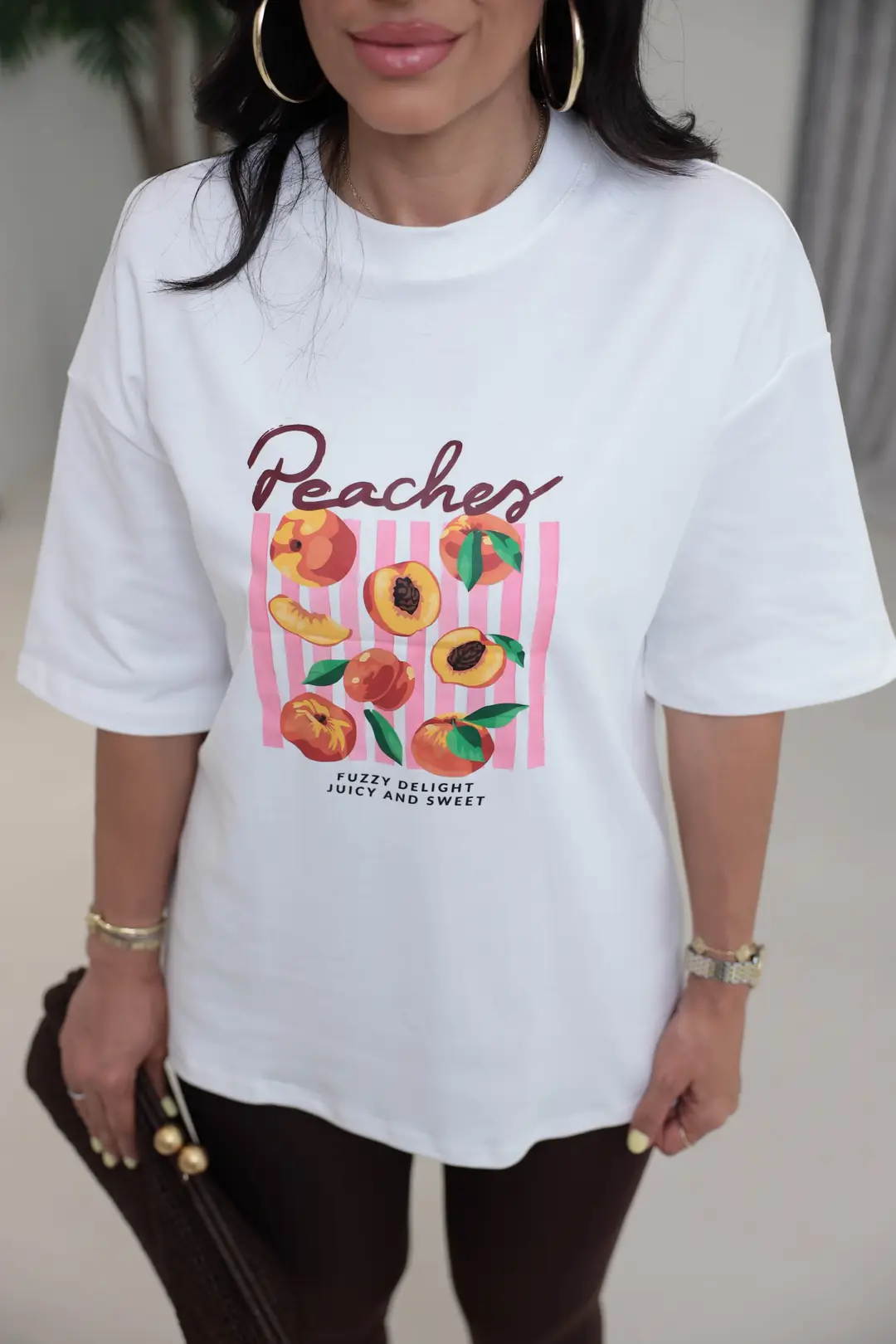 2026 Peaches Şeftali Baskılı Oversize Pamuklu Tshirt EKRU