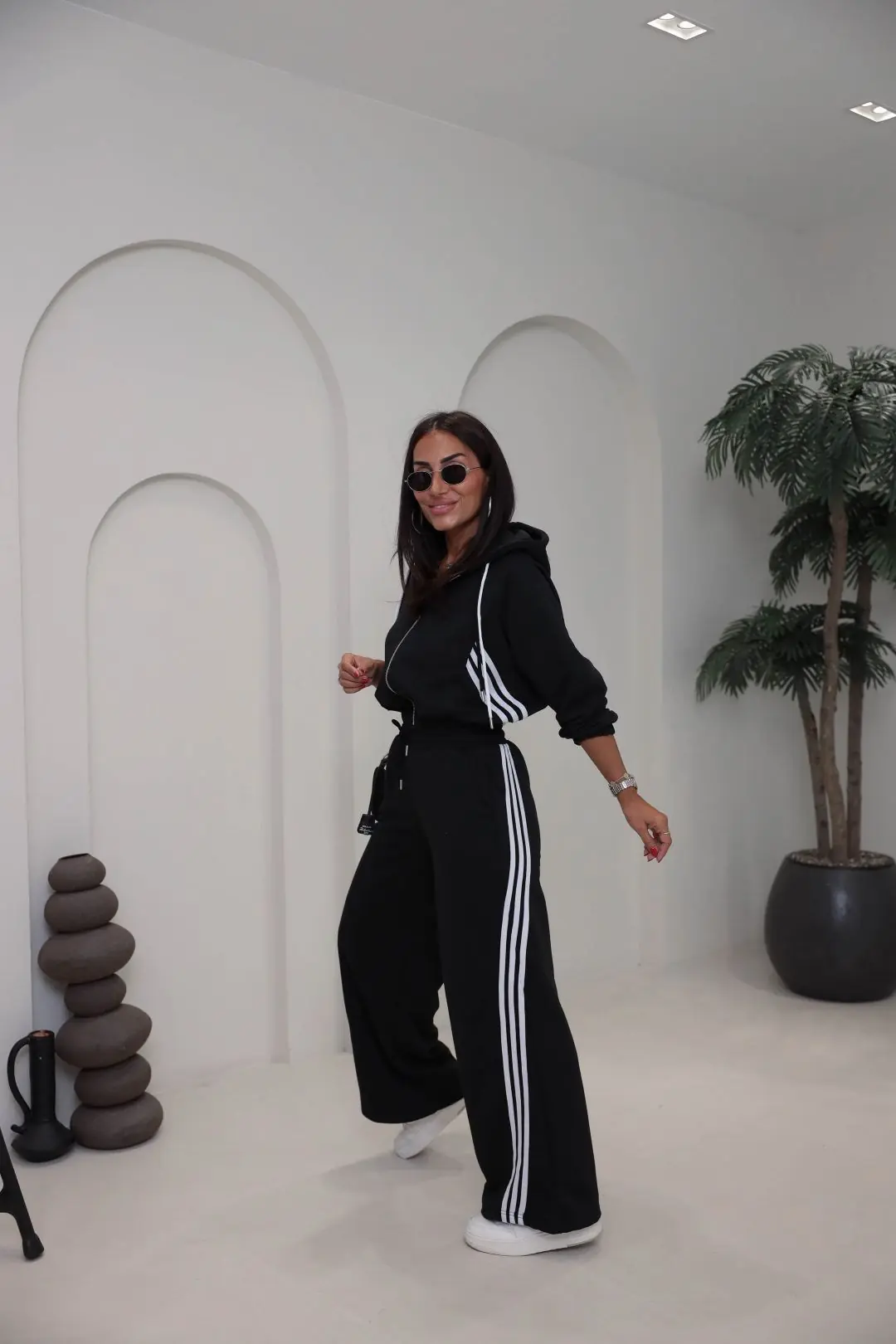 4285 Şerit Detaylı Fermuarlı Sweat Pantolon Takım SİYAH