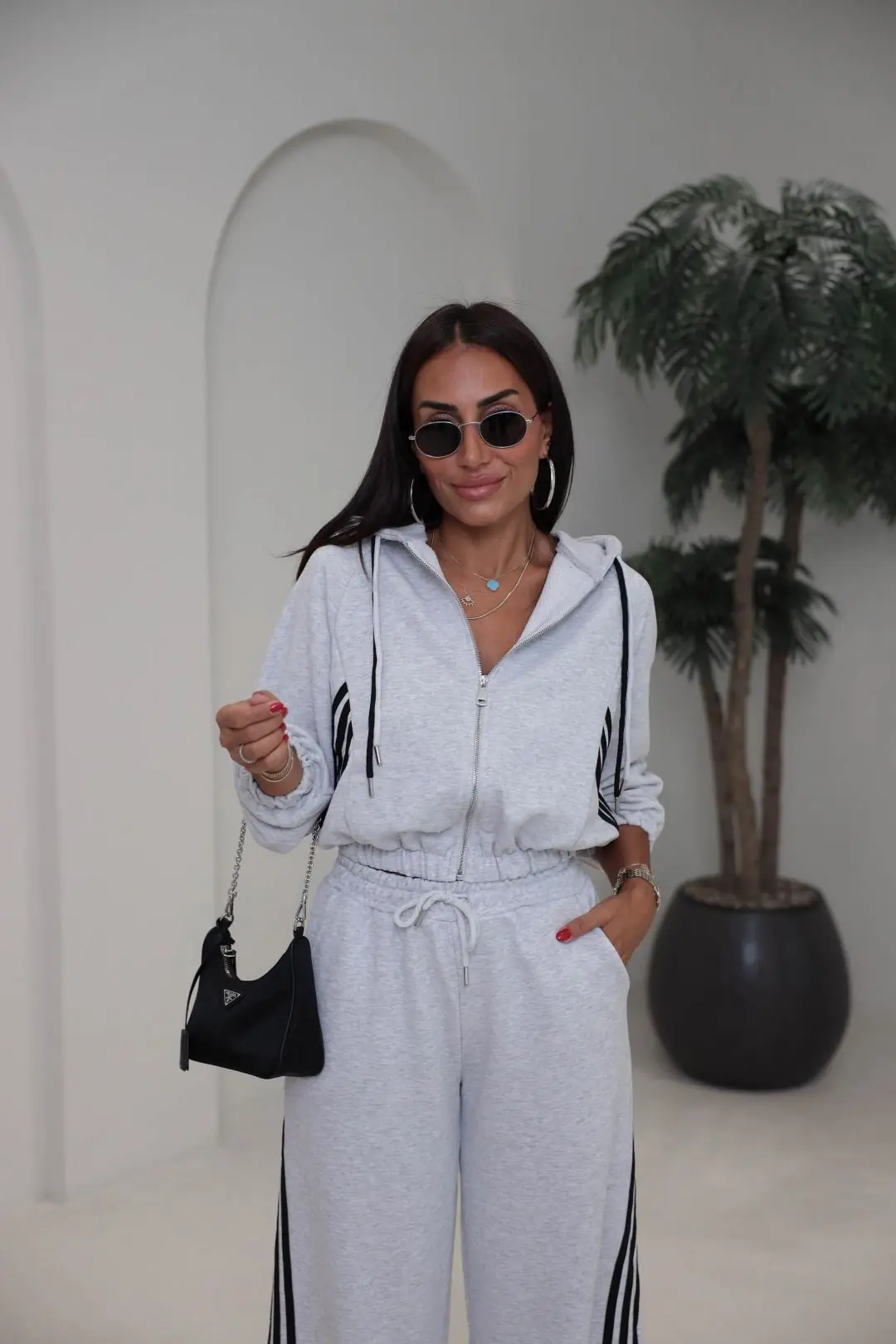 4285 Şerit Detaylı Fermuarlı Sweat Pantolon Takım GRİ MELANJ