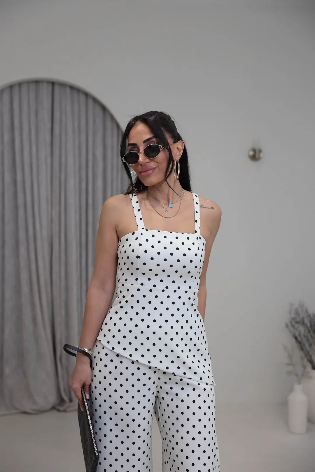 4161 Puantiyeli Askılı Bluz Pantolon Takım EKRU