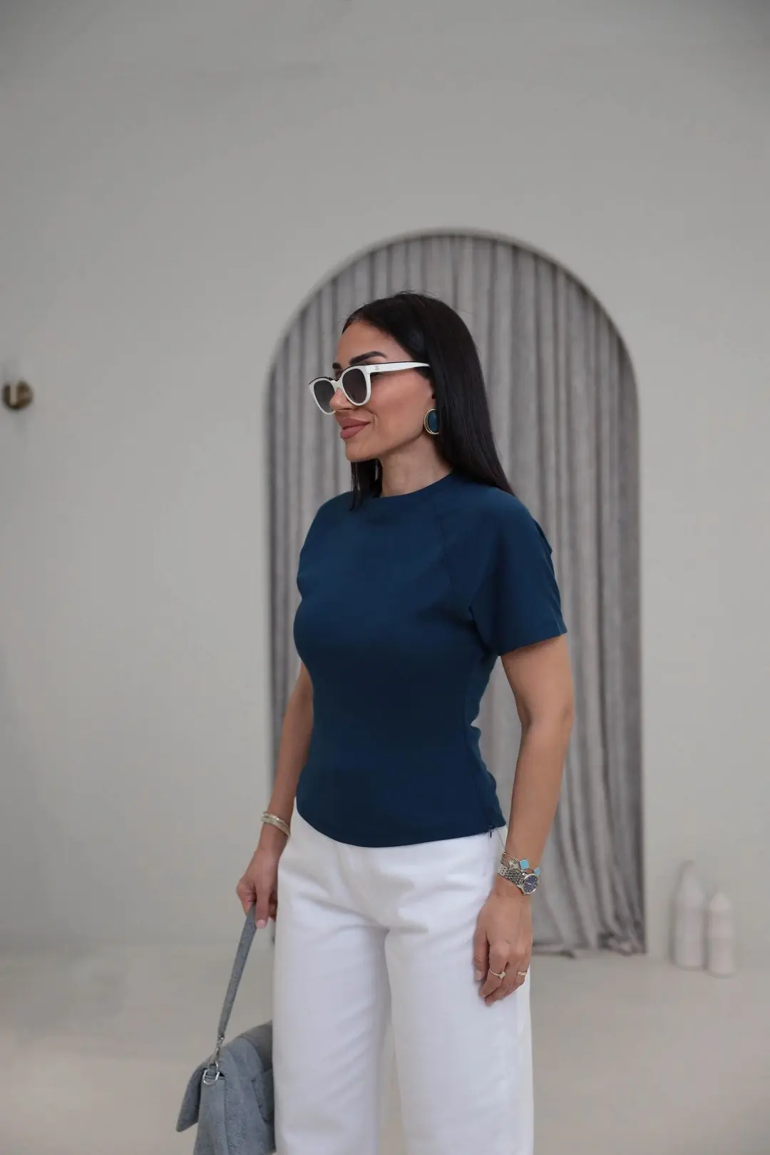2322 Reglan Kol Yandan Fermuarlı Pamuklu Tshirt Indigo