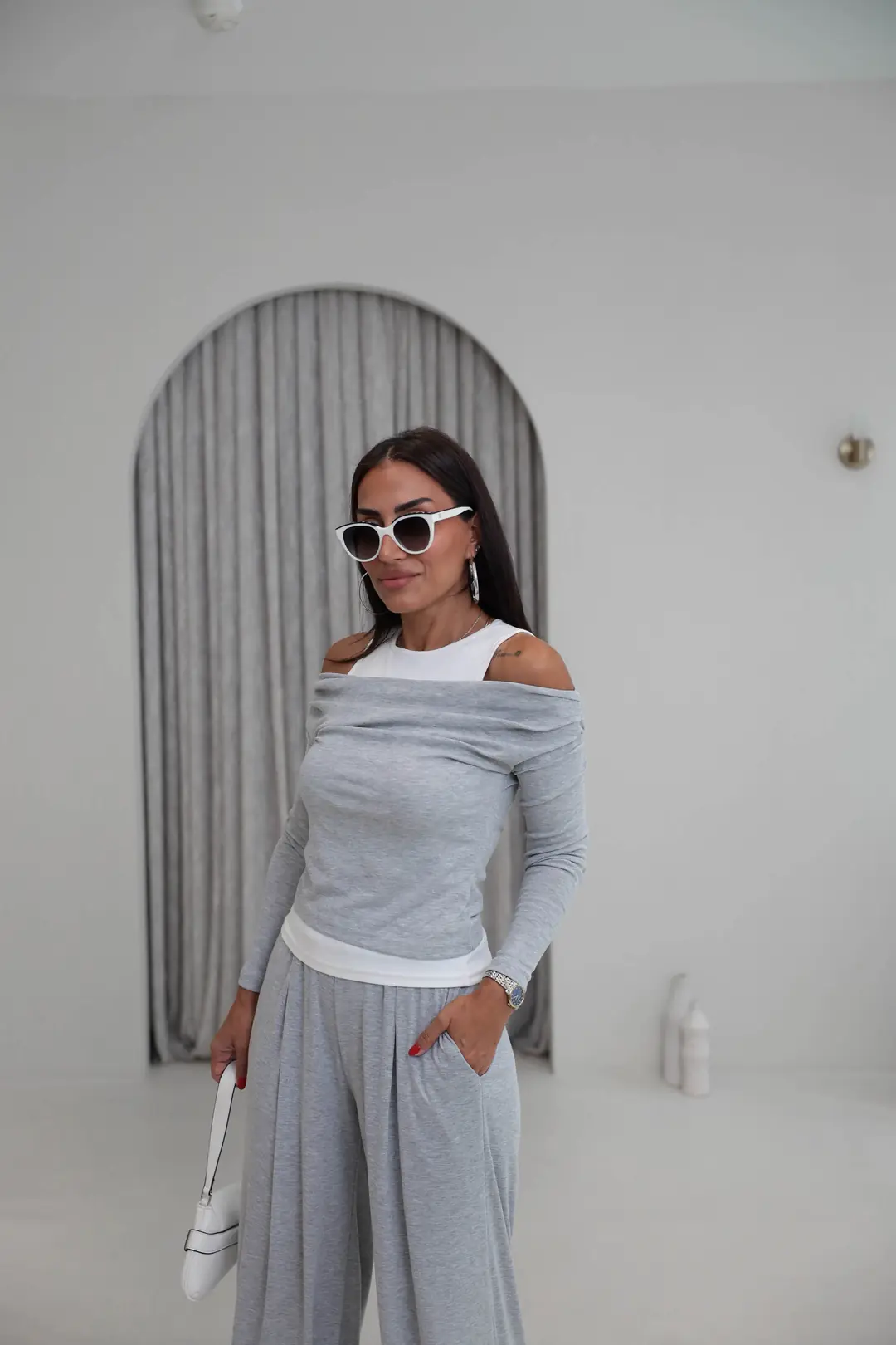 2779 Atlet Detaylı Dökümlü Bluz Pantolon Takım GRİ MELANJ