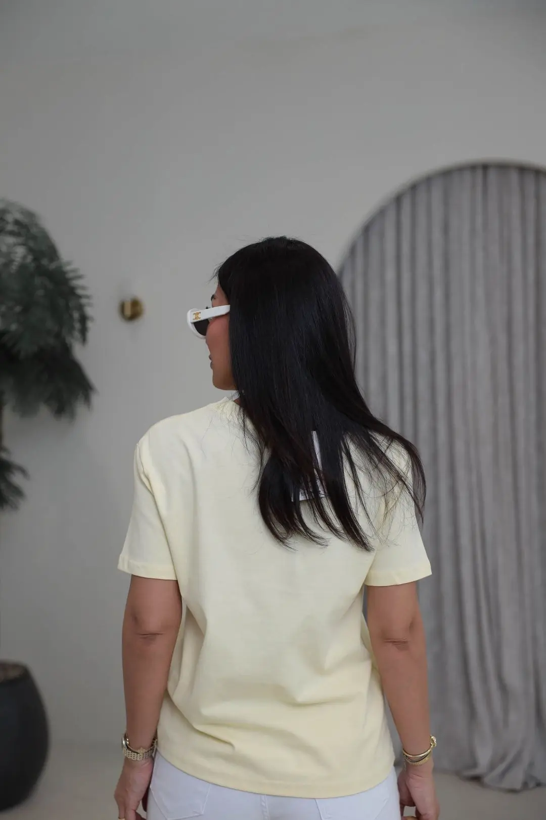 0312 Dekoratif Dikişli Pamuklu Tshirt AÇIK SARI