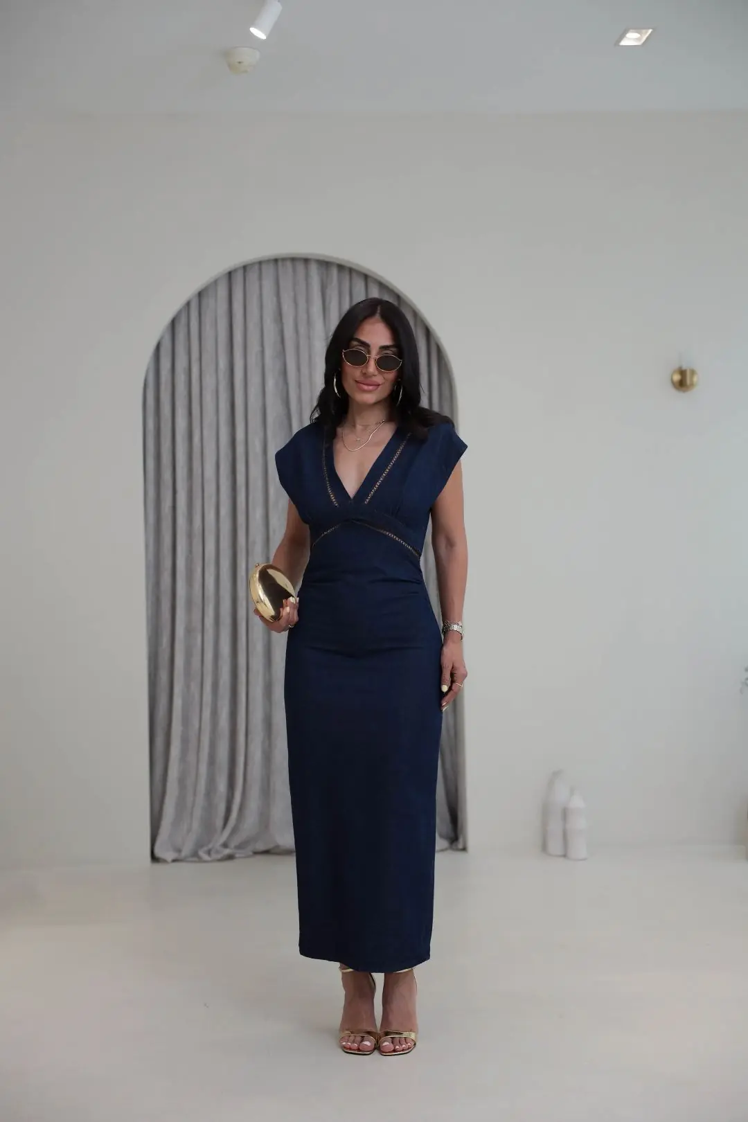 1027 V Yaka Şerit Detaylı Denim Elbise LACİVERT