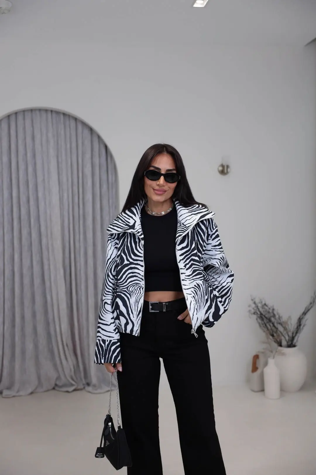 9450 Zebra Desen Fermuarlı Bel Lastikli Ceket SİYAHBEYAZ