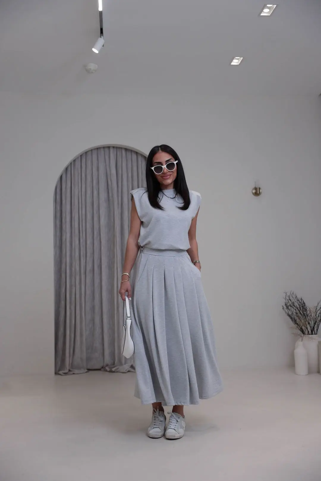 7150 Vatkalı Penye Bluz ve Pileli Etekli Takım GRİ