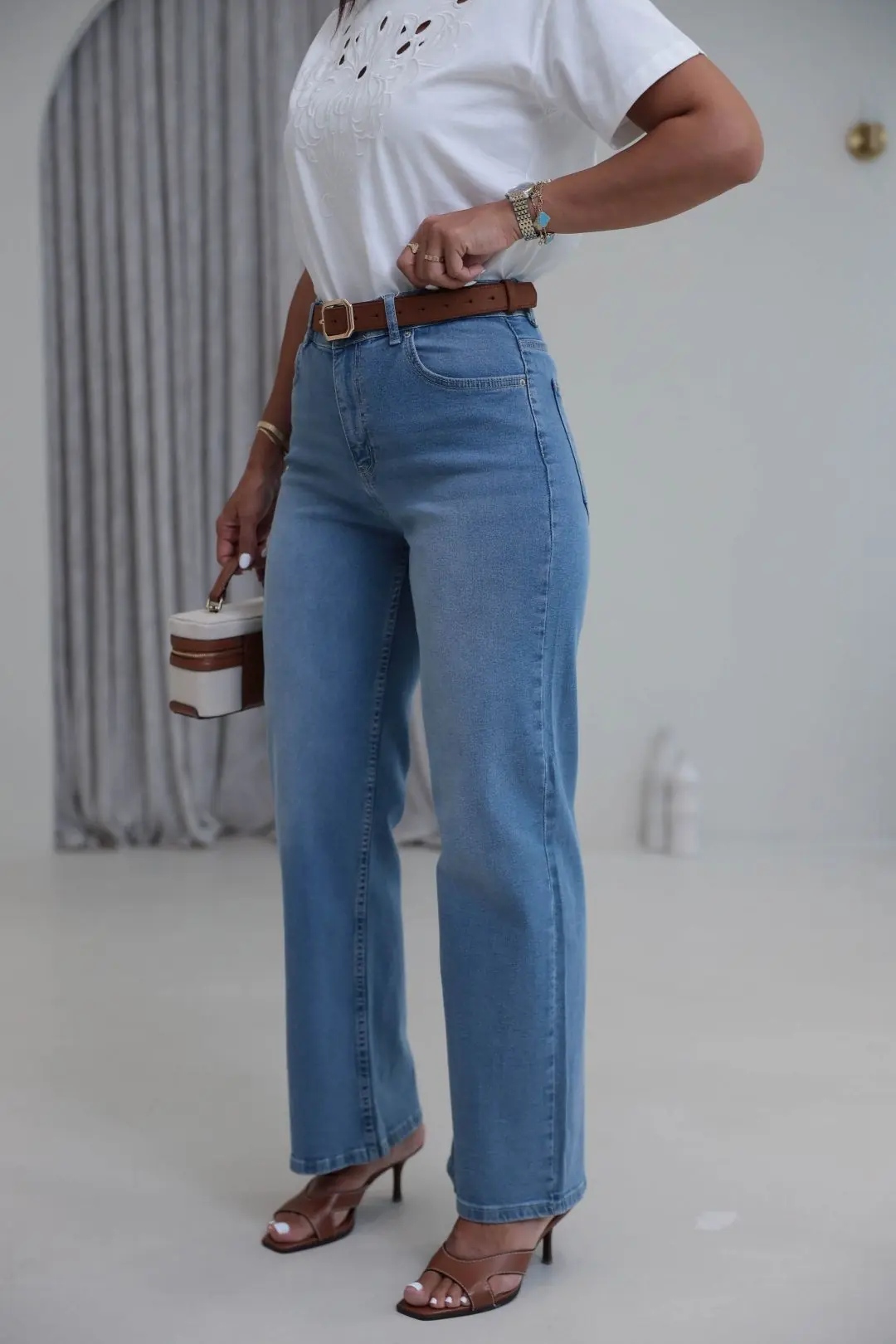6171 Süet Kemerli Yıkamalı Straight Pantolon MAVİ