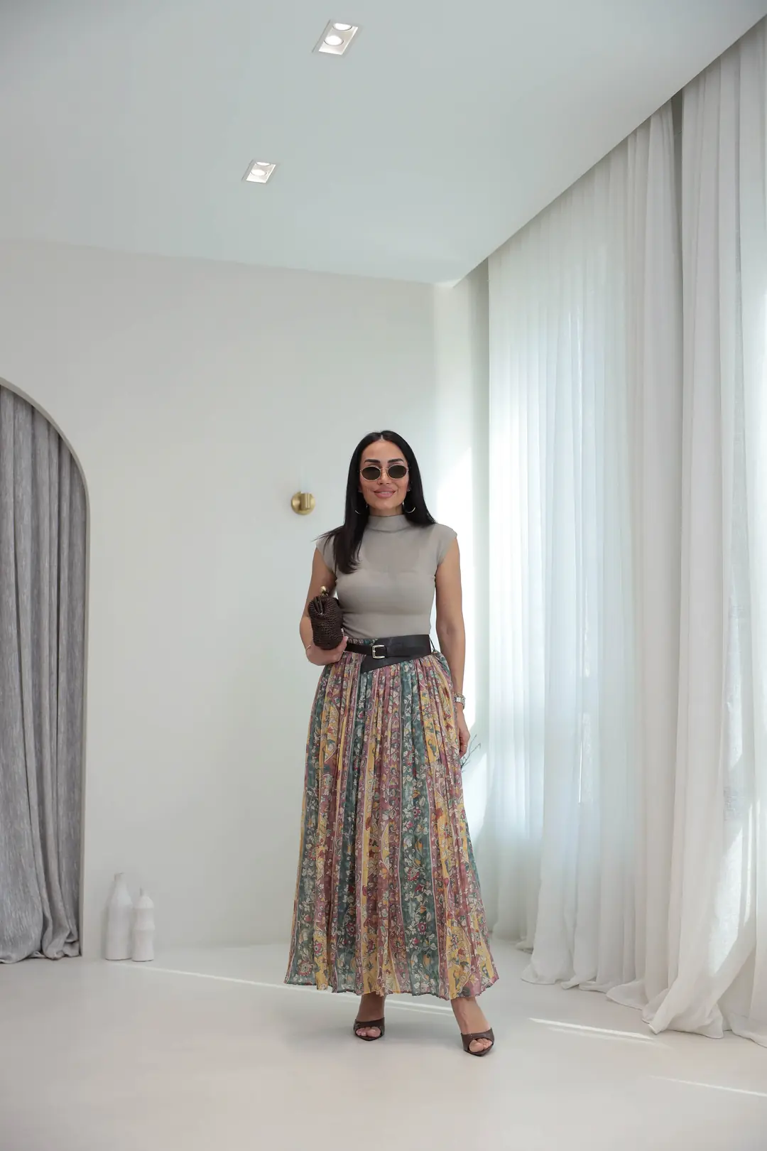 3374 Kemerli Pliseli Desenli Maxi Etek YEŞİL