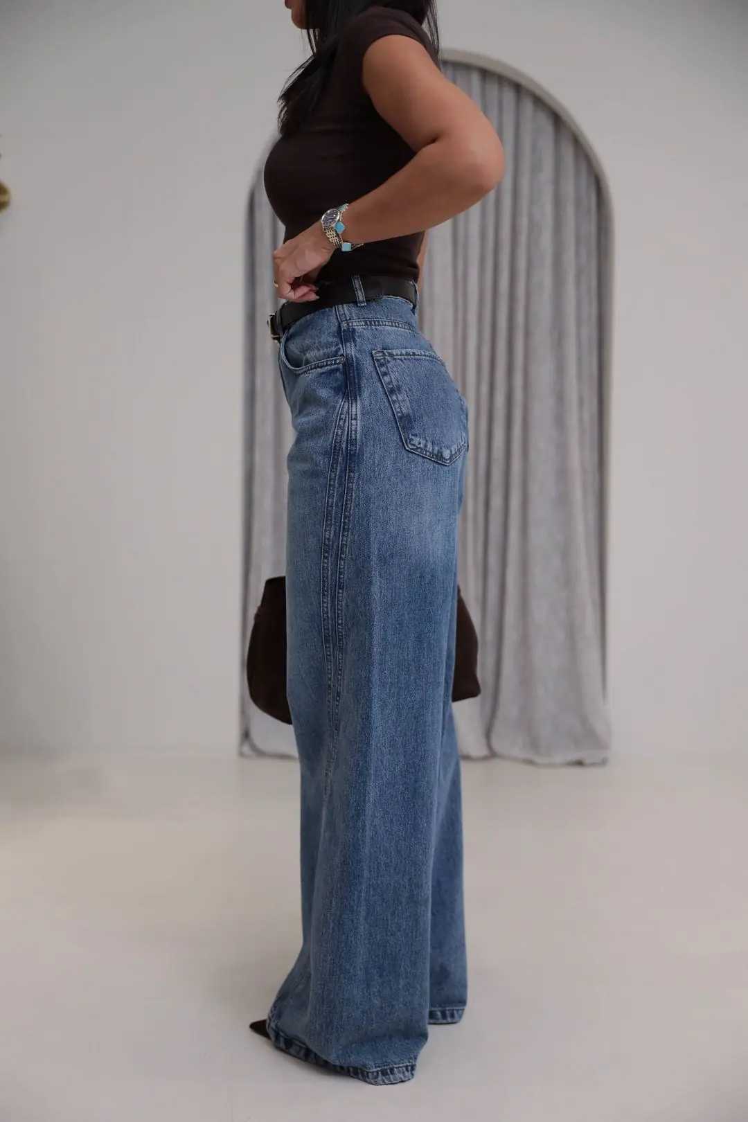 1067 Yanları Dikiş Detaylı Wide Leg Denim Pantolon TİNTLİ MAVİ