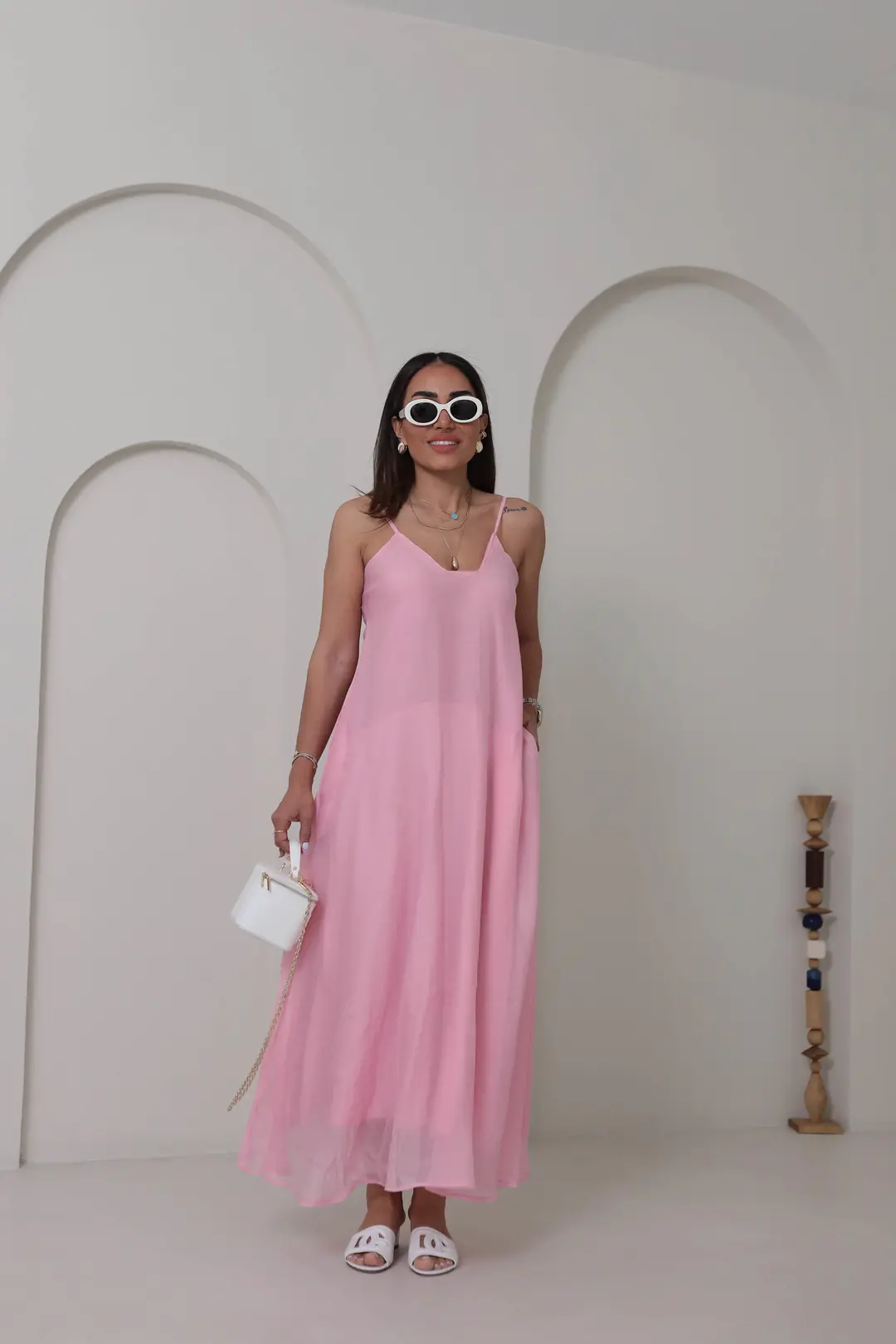 3227 Askılı Kare Yaka Maxi Tencel Elbise PEMBE