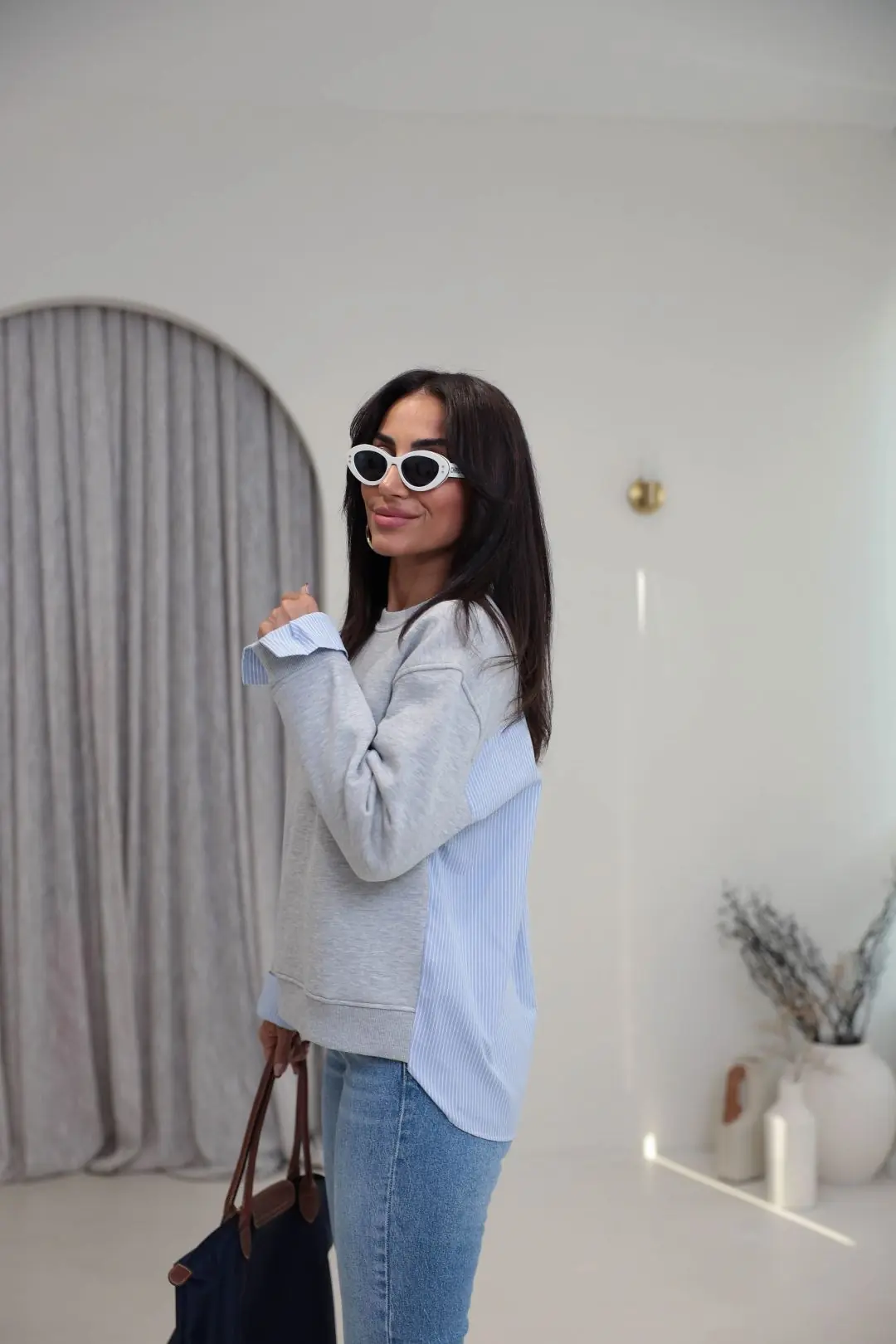 0201 Bisiklet Yaka Gömlek Garnili 3 İplik Sweatshirt GRİ - GRİ