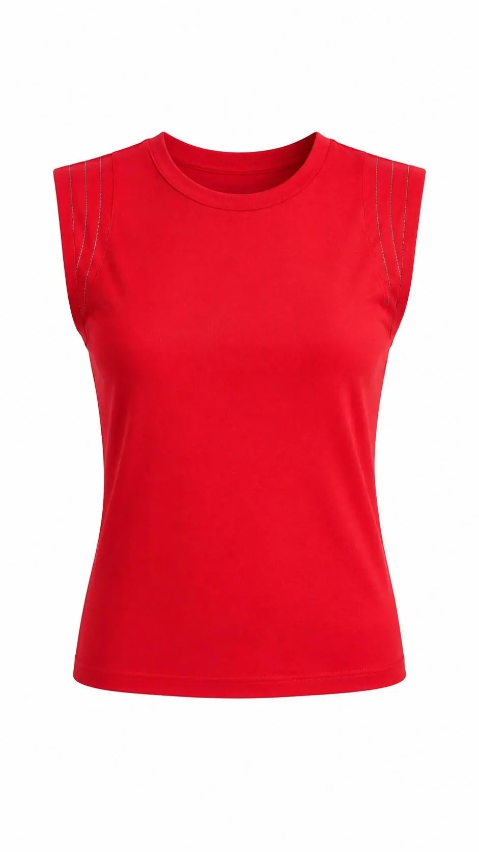 3254 Geniş Omuz Şerit Taşlı Pamuklu Tshirt KIRMIZI - KIRMIZI