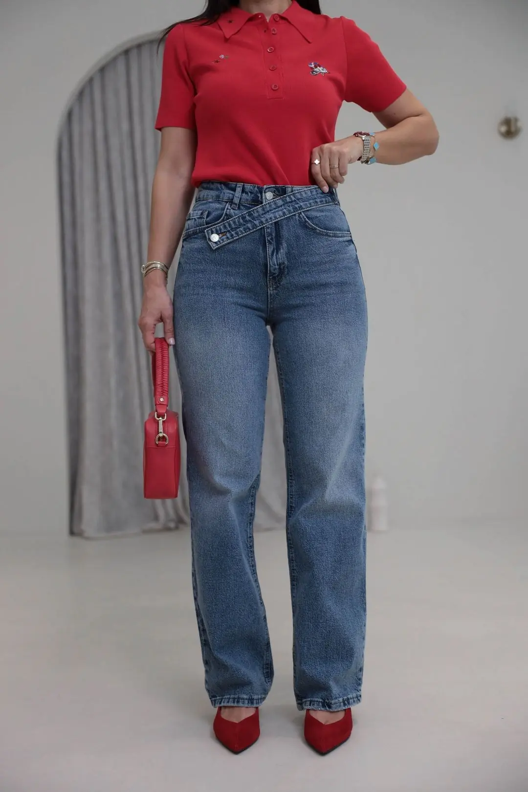 1035 Asimetrik Kemerli Denim Pantolon MAVİ