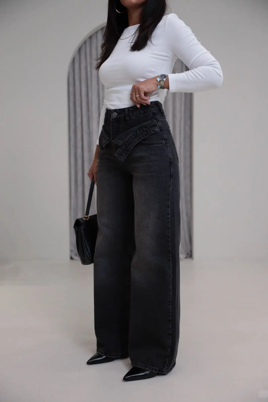 1065 Asimetrik Bel Detaylı Palazzo Denim Pantolon YIKAMALI SİYAH
