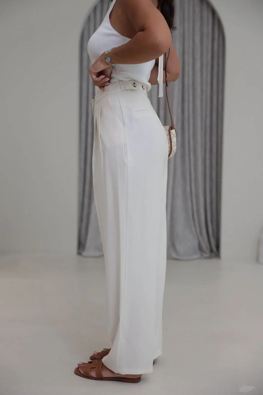 7545 Beli Ayarlanabilir Tencel Pantolon EKRU