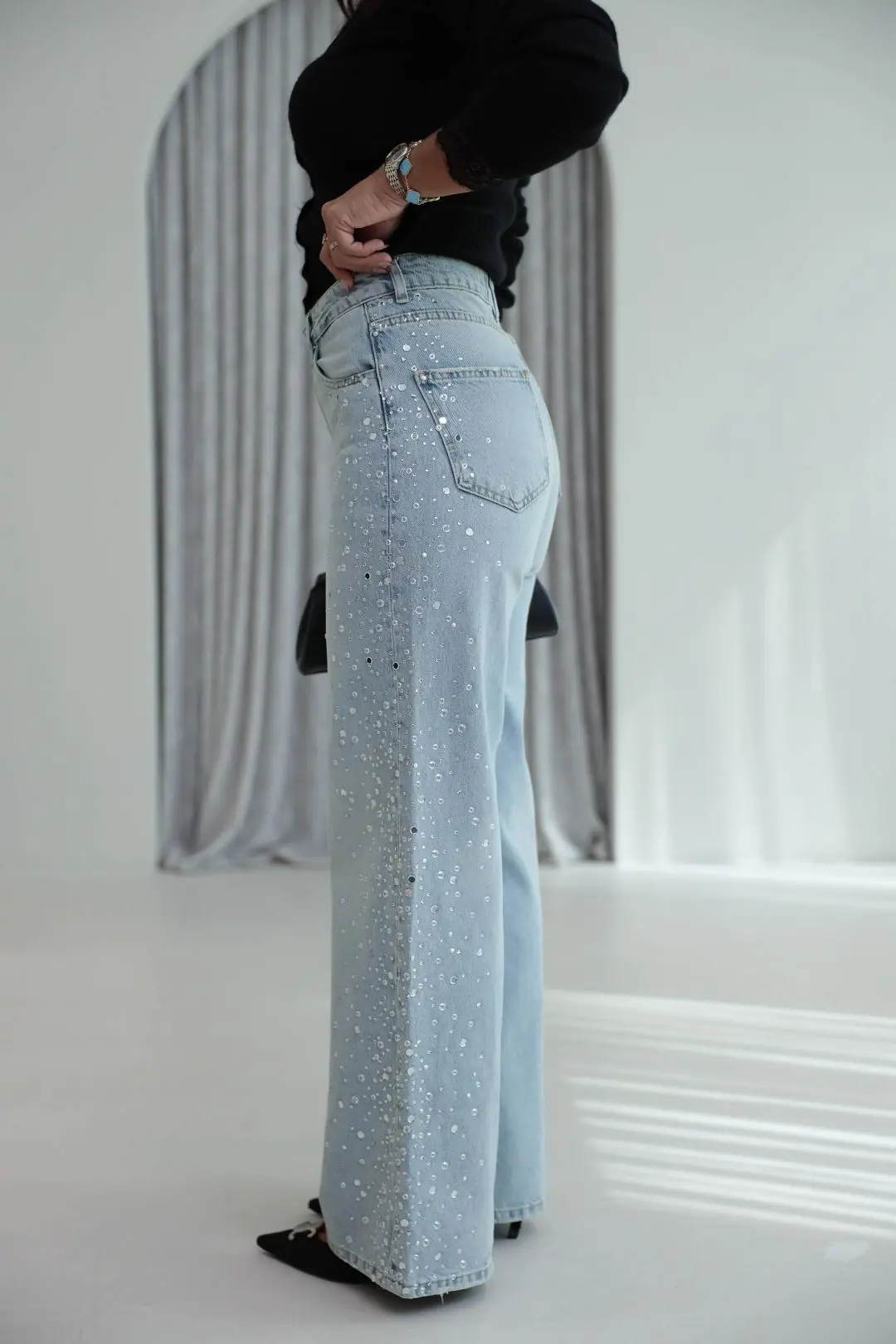 9119 Taş işlemeli Wide Leg jean AÇIK MAVİ