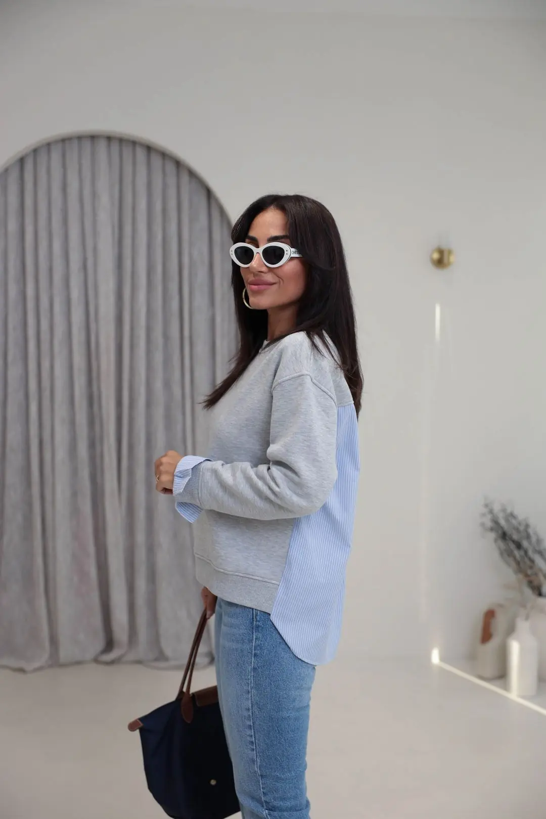 0201 Bisiklet Yaka Gömlek Garnili 3 İplik Sweatshirt GRİ