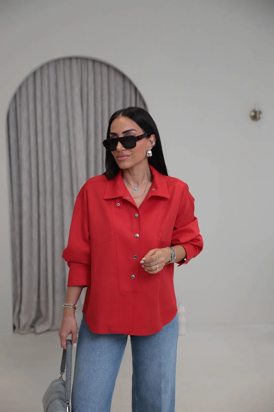 Dik Yaka Önden Çıtçıtlı Gömlek KIRMIZI
