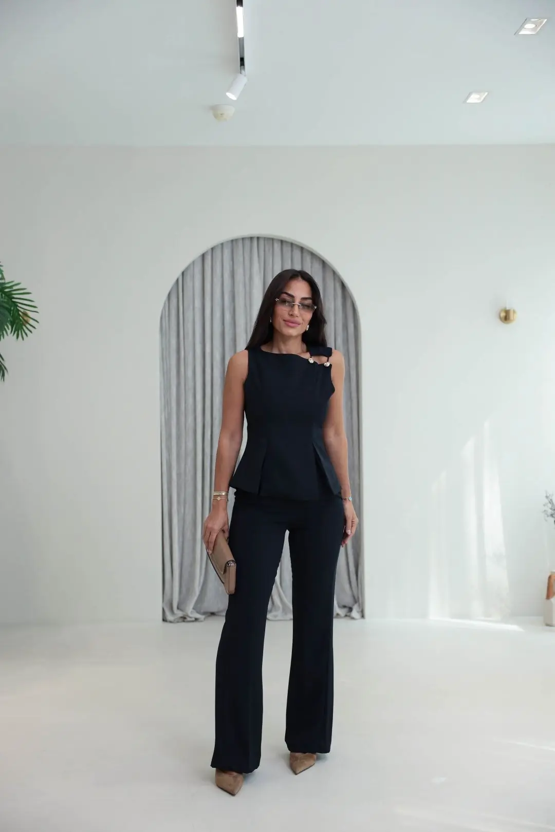 9215 Omuz Düğme Detaylı Bluz & Pantolon Takım LACİVERT