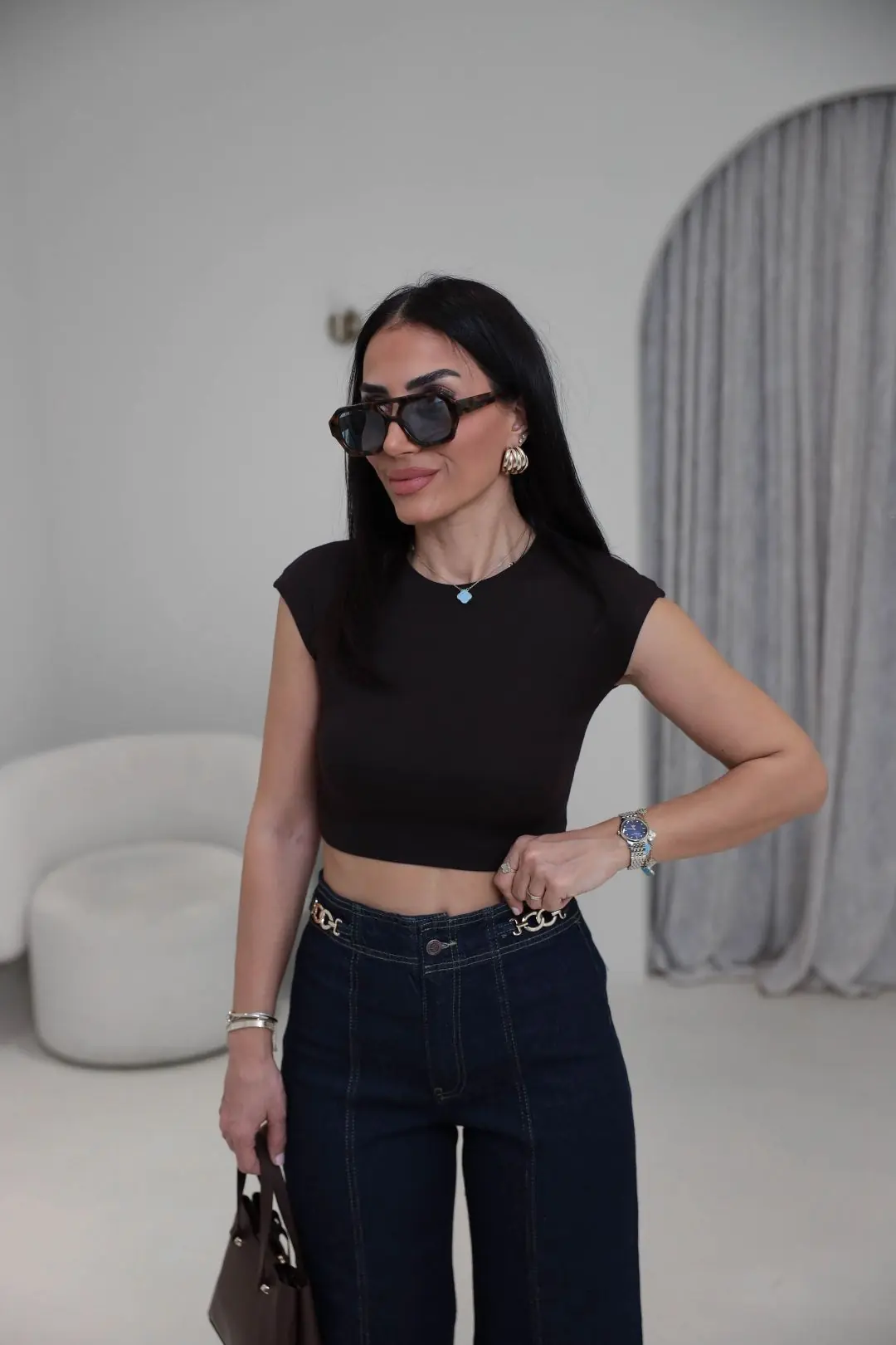 0528 Pamuk ve Modal Karışımlı Crop Top KAHVE