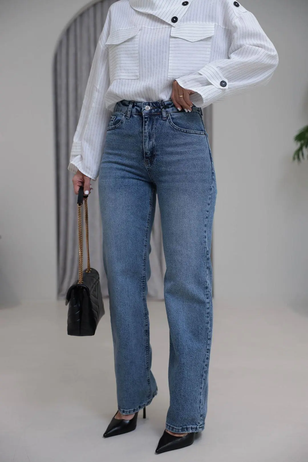 1005 Yüksek Bel Pamuklu Wide Leg Jean ORTA MAVİ
