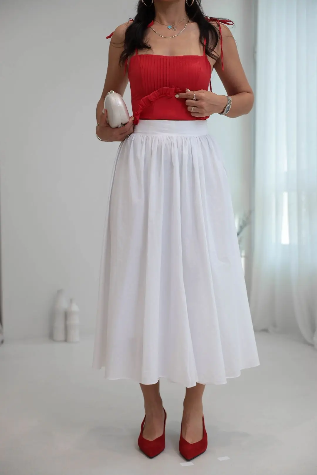 9254 Astarlı Poplin Pamuklu Kloş Etek BEYAZ
