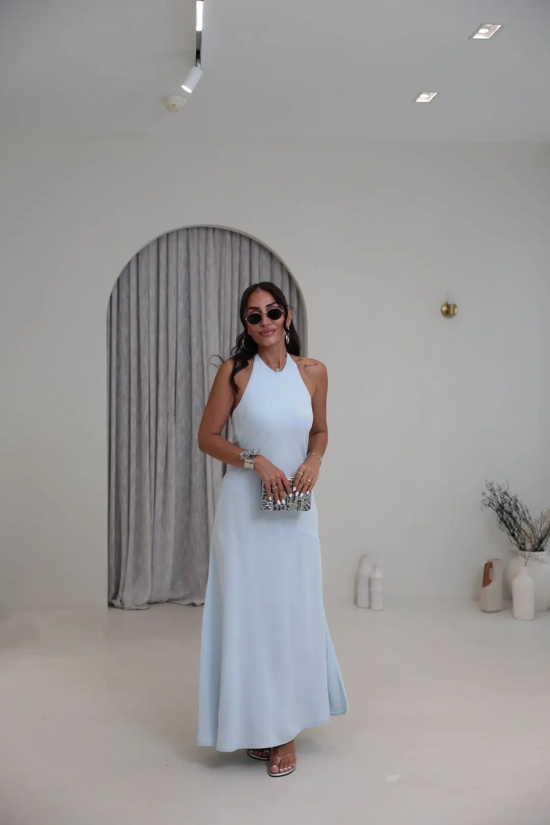 0586 Boyundan Çıtçıtlı Parçalı Tencel Kumaş Elbise AÇIK MAVİ