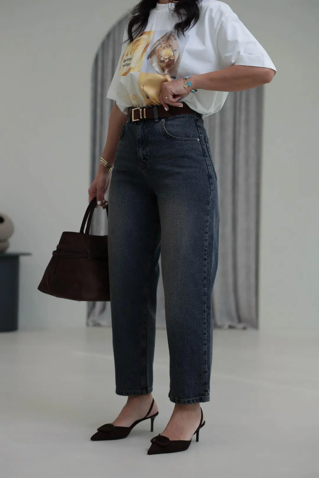 3010 Kemerli Yüksek Bel Baggy Jean KOYU TİNTLİ