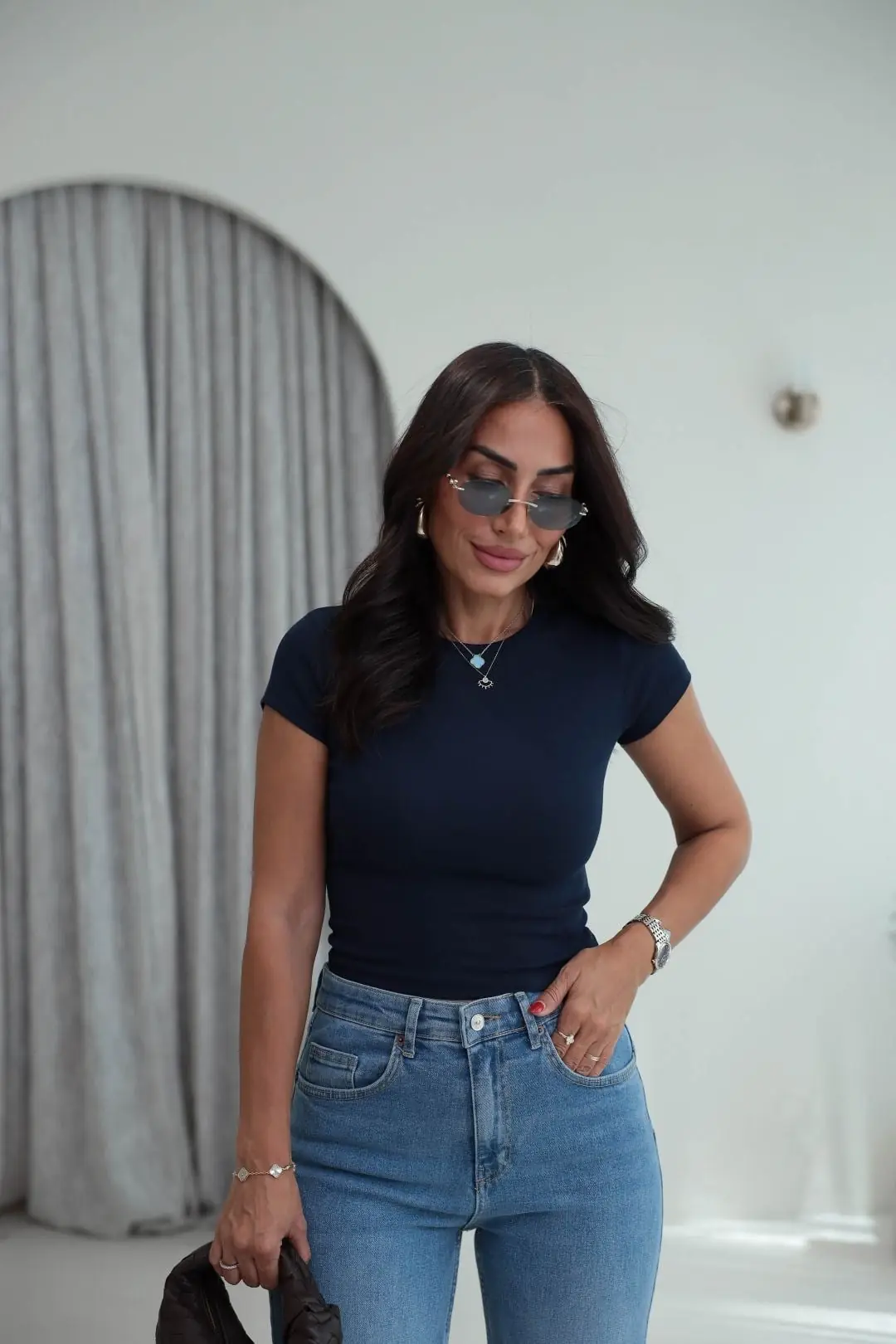 4173 Bisiklet Yaka Pamuklu Crop LACİVERT