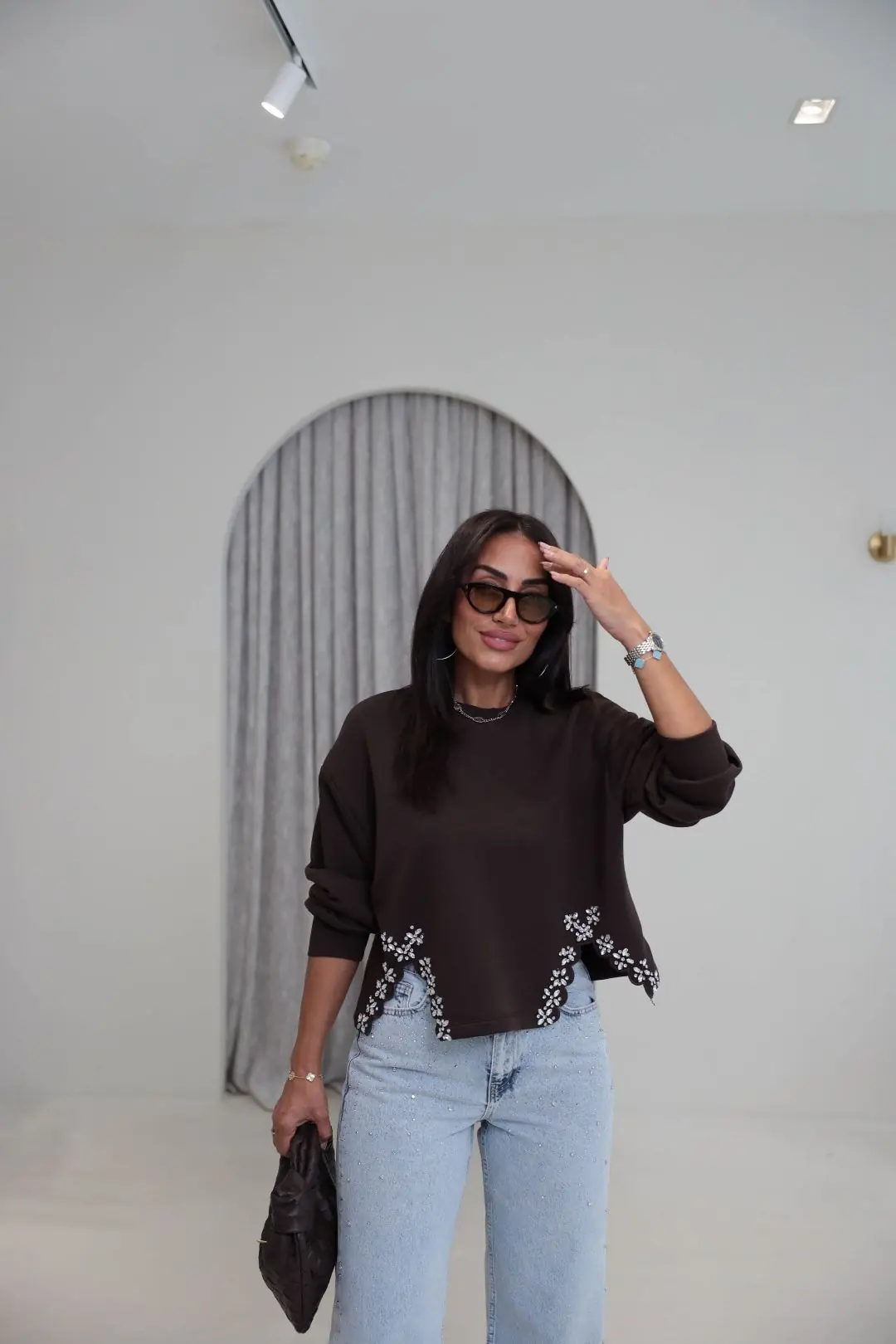 9095 Eteği Taş Süslemeli Pamuklu Sweatshirt KAHVE
