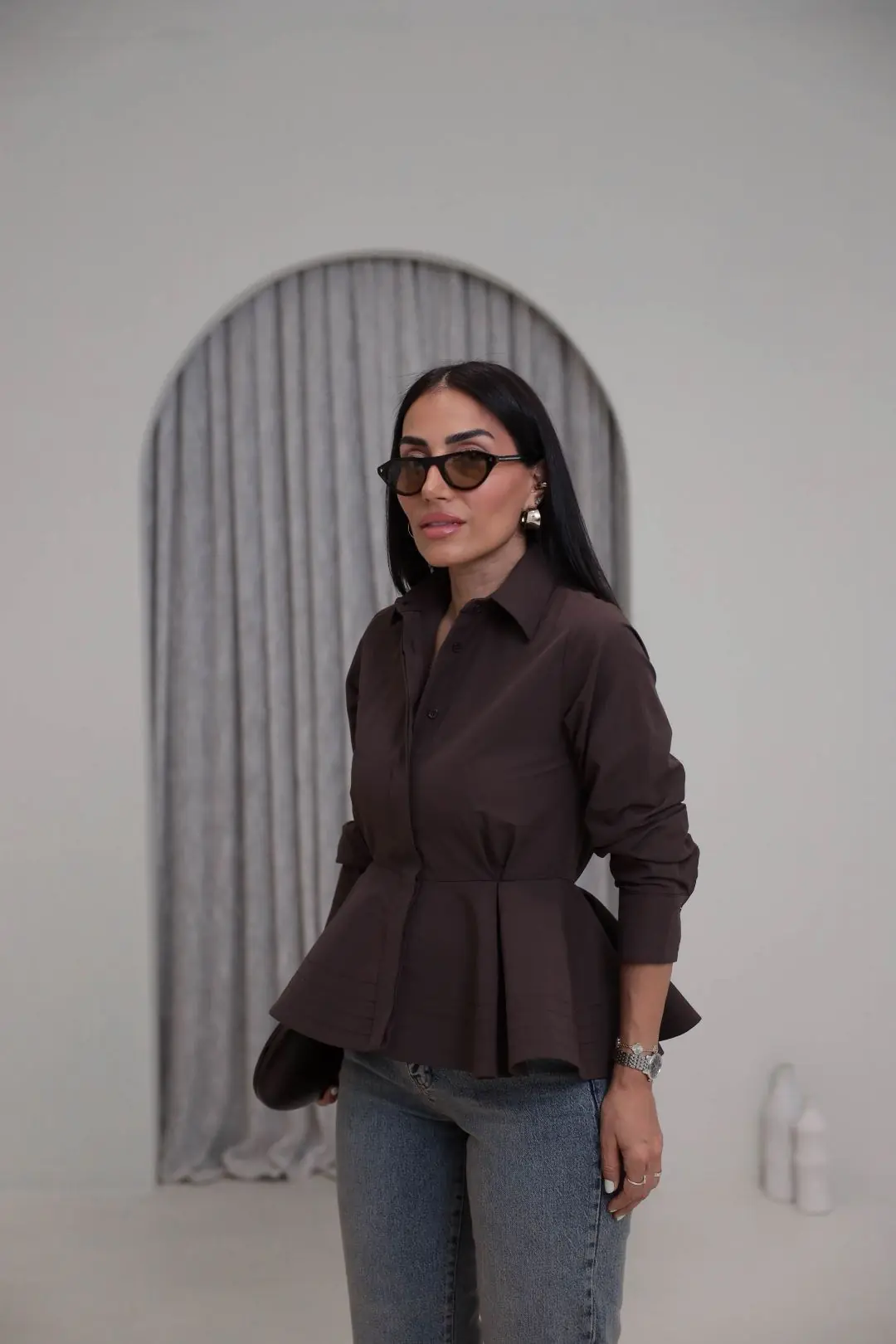 3250 İçi Telalı Peplum Gömlek KAHVE