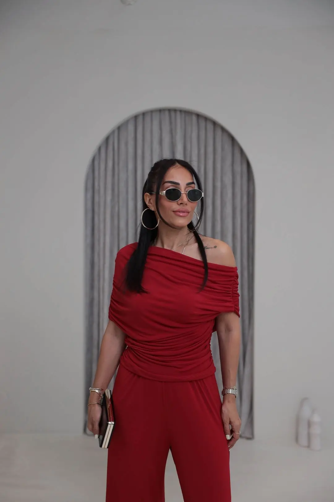 5388 Dökümlü Drapeli Sandy Bluz Pantolon Takım KIRMIZI