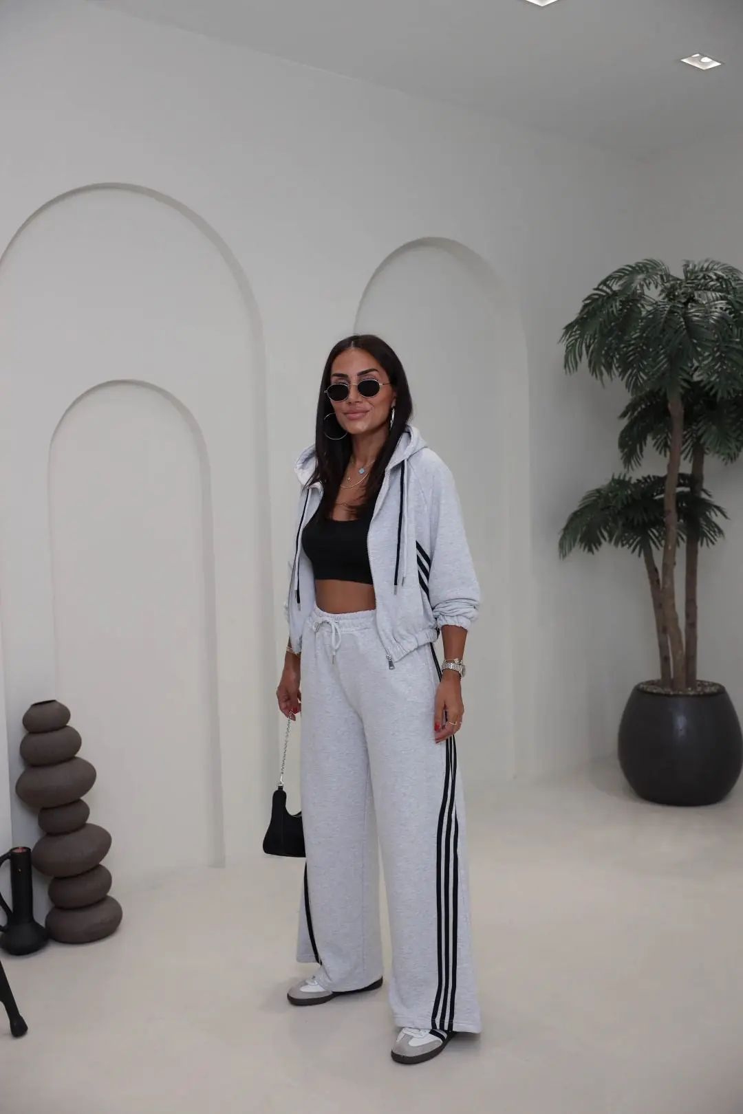 4285 Şerit Detaylı Fermuarlı Sweat Pantolon Takım GRİ MELANJ