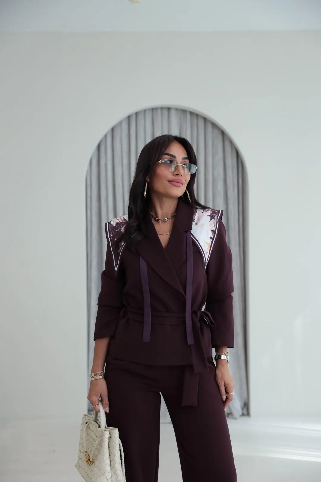 9319 Şal Detaylı Kuşaklı Ceket Pantolon MÜRDÜM