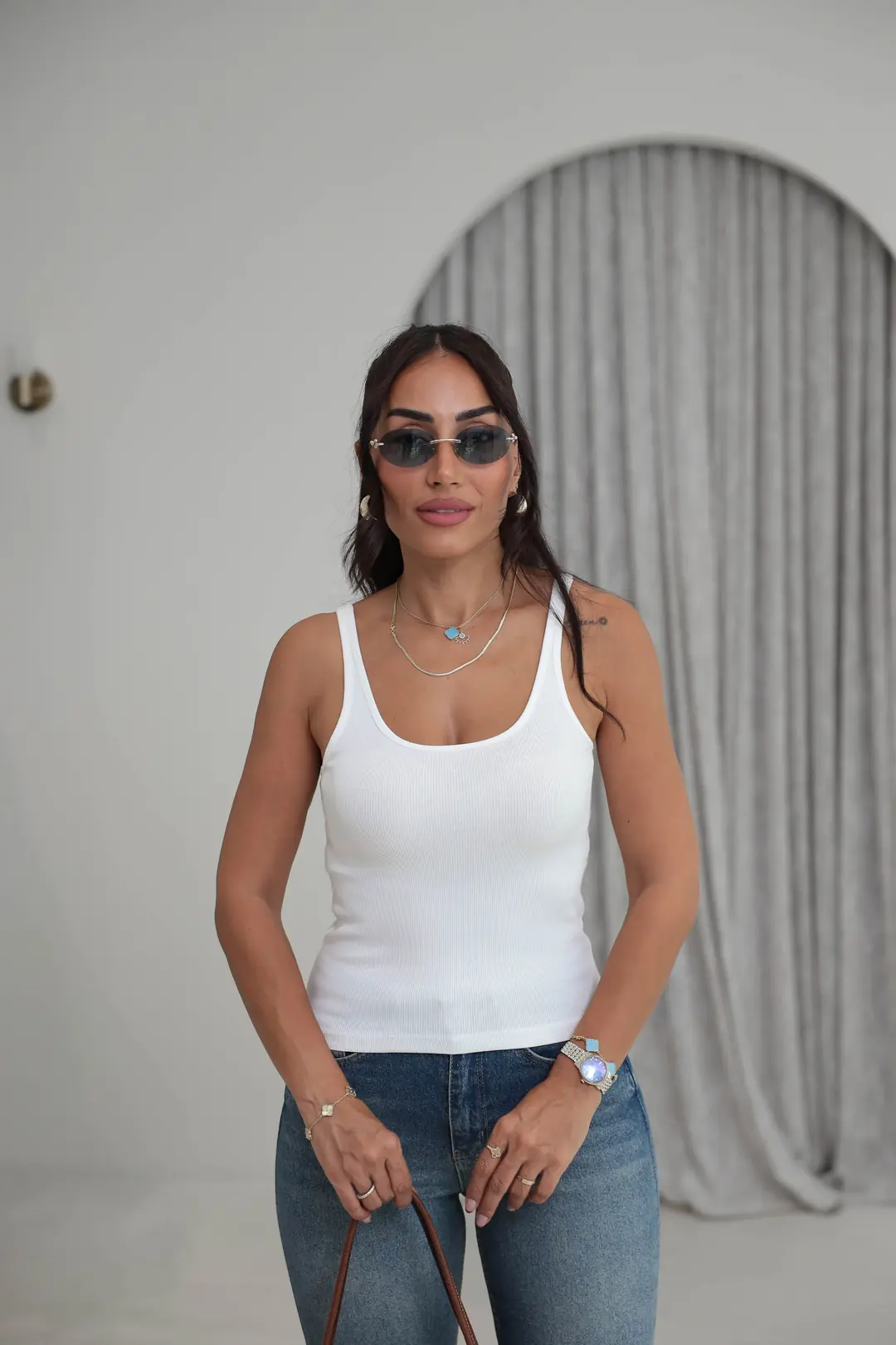 4113 Fitilli Askılı Crop Atlet EKRU