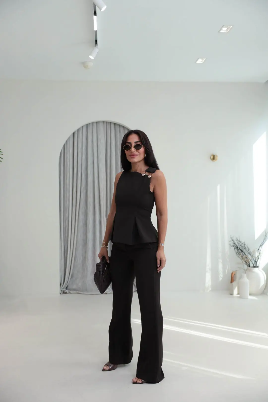 9215 Omuz Düğme Detaylı Bluz & Pantolon Takım KOYU KAHVE