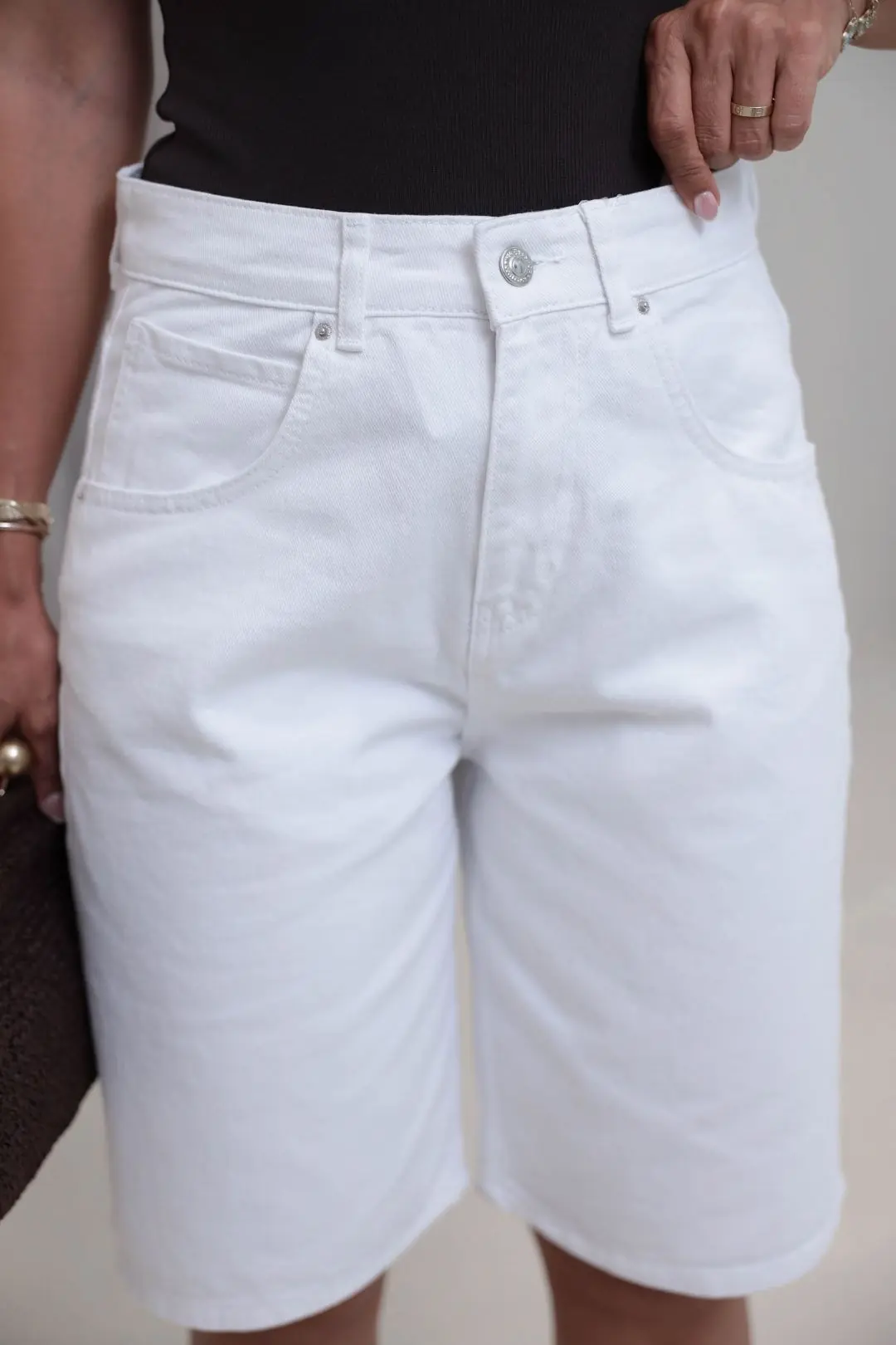 512 Yüksek Bel Denim Bermuda Şort BEYAZ