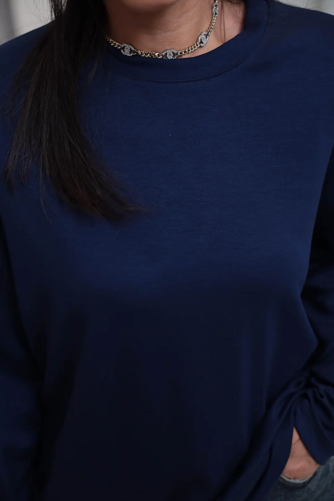 1448 Bisiklet Yaka uzun Kollu Oversize Tshirt LACİVERT