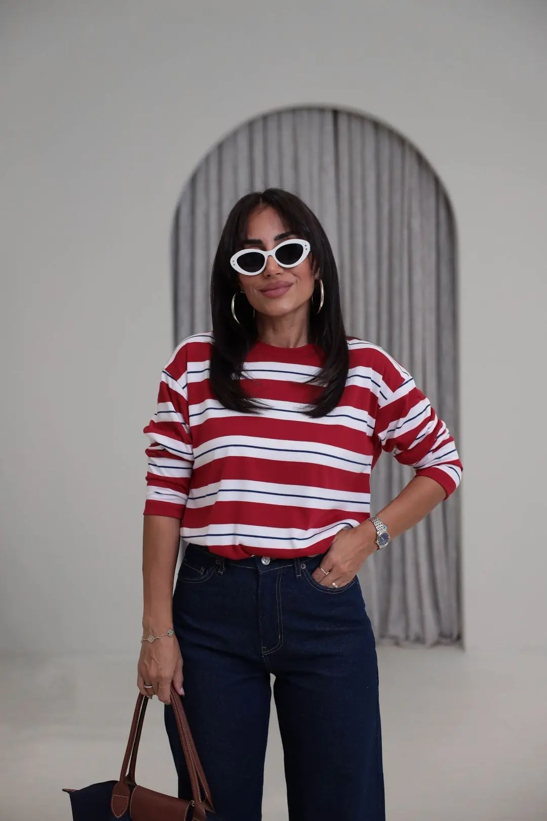 6357 Çizgi Detaylı Yumuşak Kumaş Sweatshirt KIRMIZI