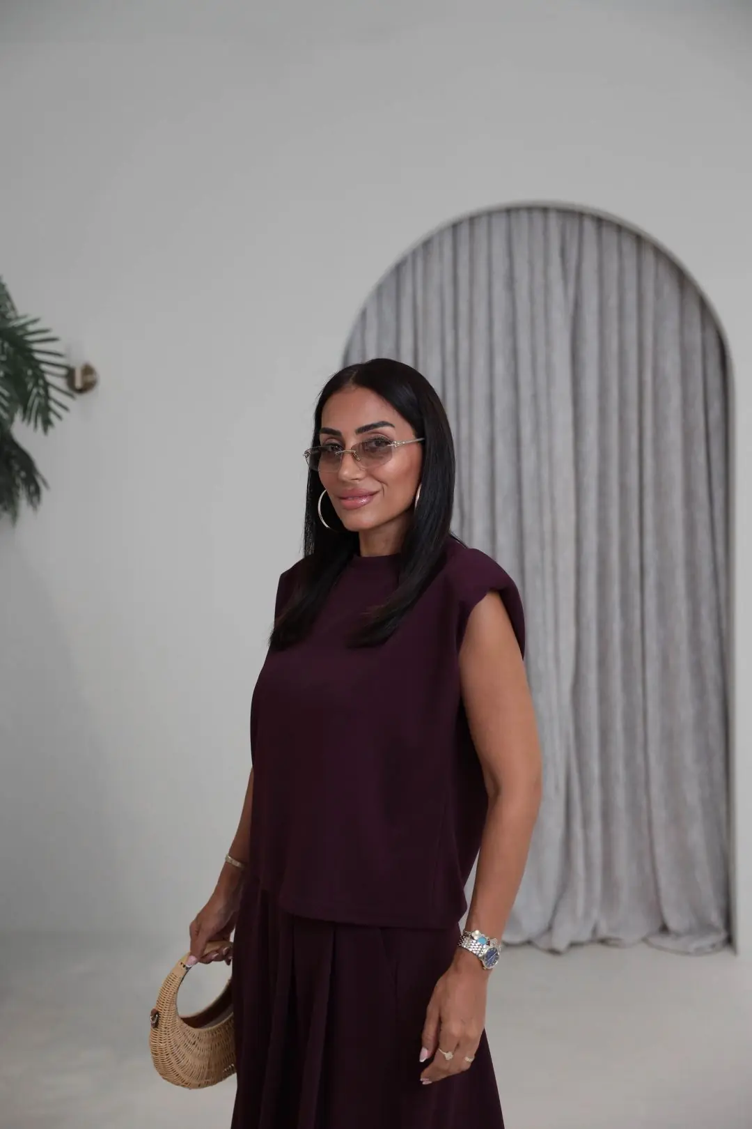 7150 Vatkalı Penye Bluz ve Pileli Etekli Takım MÜRDÜM