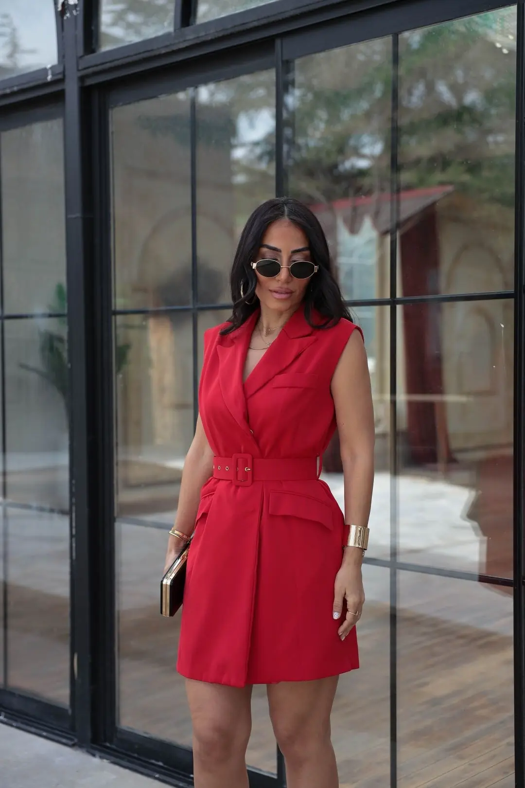 7281 Beli Kemerli Mini Elbise KIRMIZI