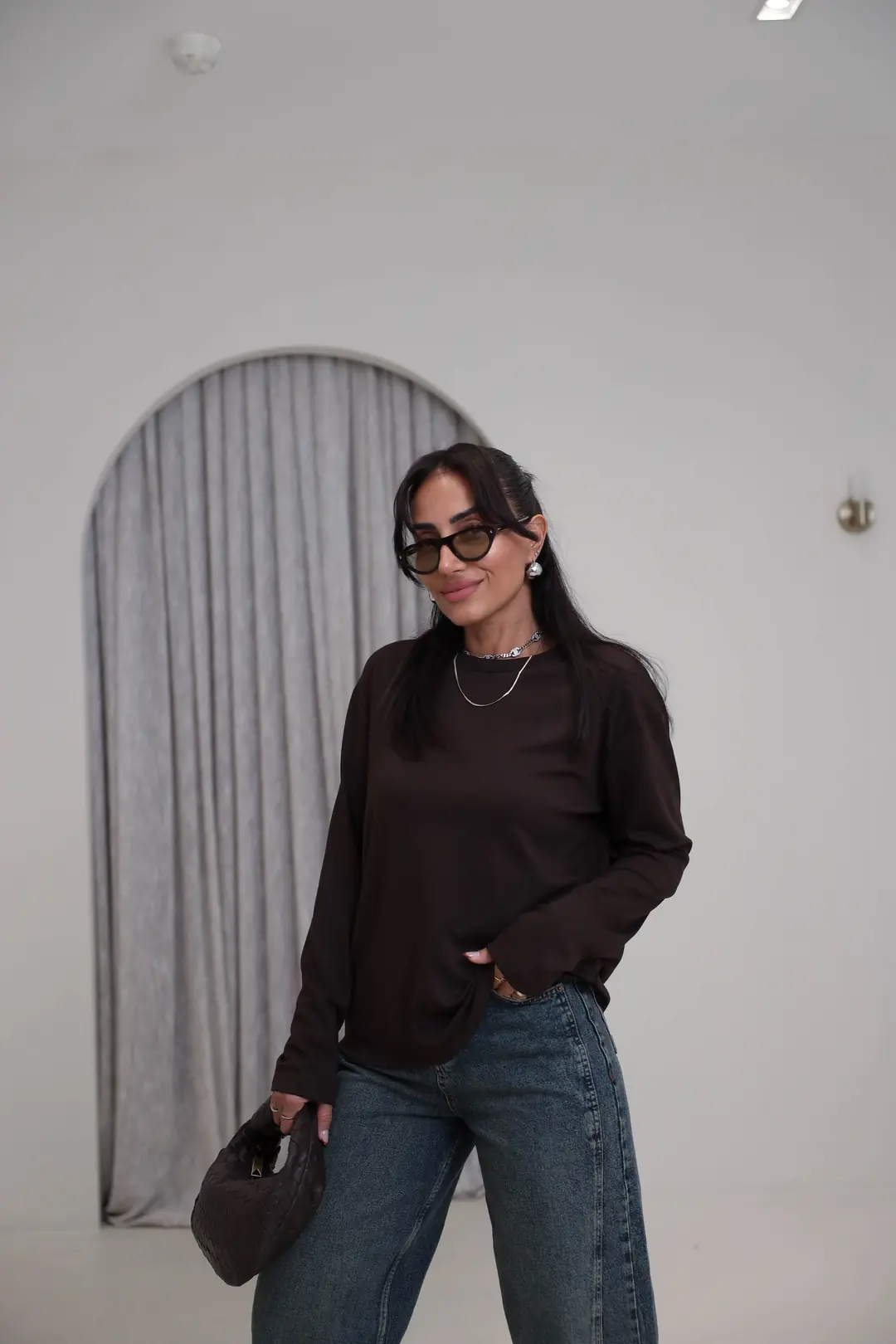 1448 Bisiklet Yaka uzun Kollu Oversize Tshirt KAHVE