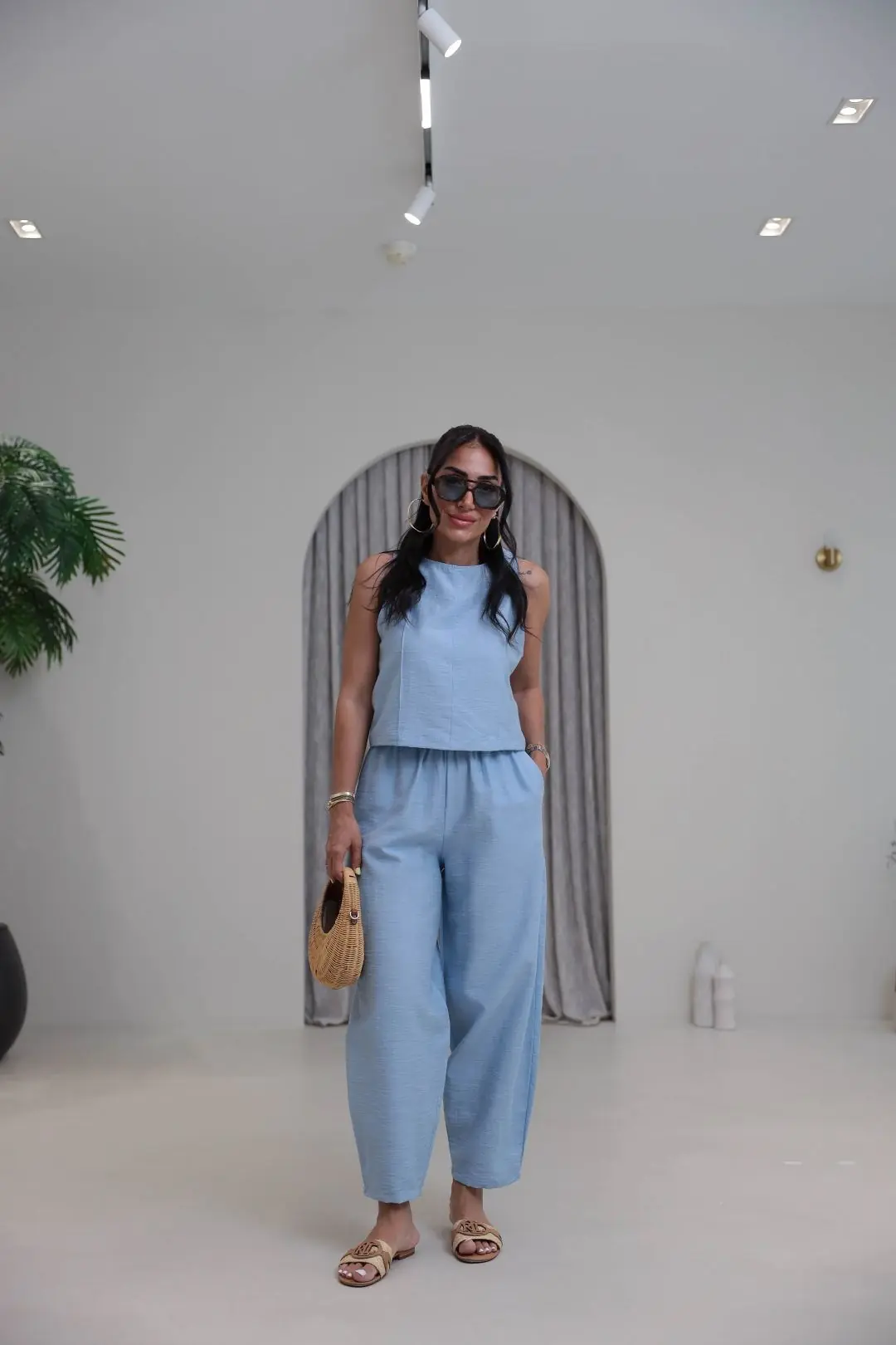 8568 Sıfır Kol Bluz Pantolon Takım BEBE MAVİ