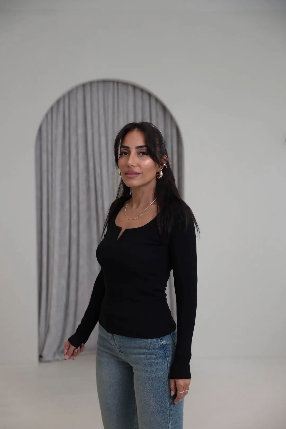2260Y Damla Yaka Pamuklu Bluz SİYAH